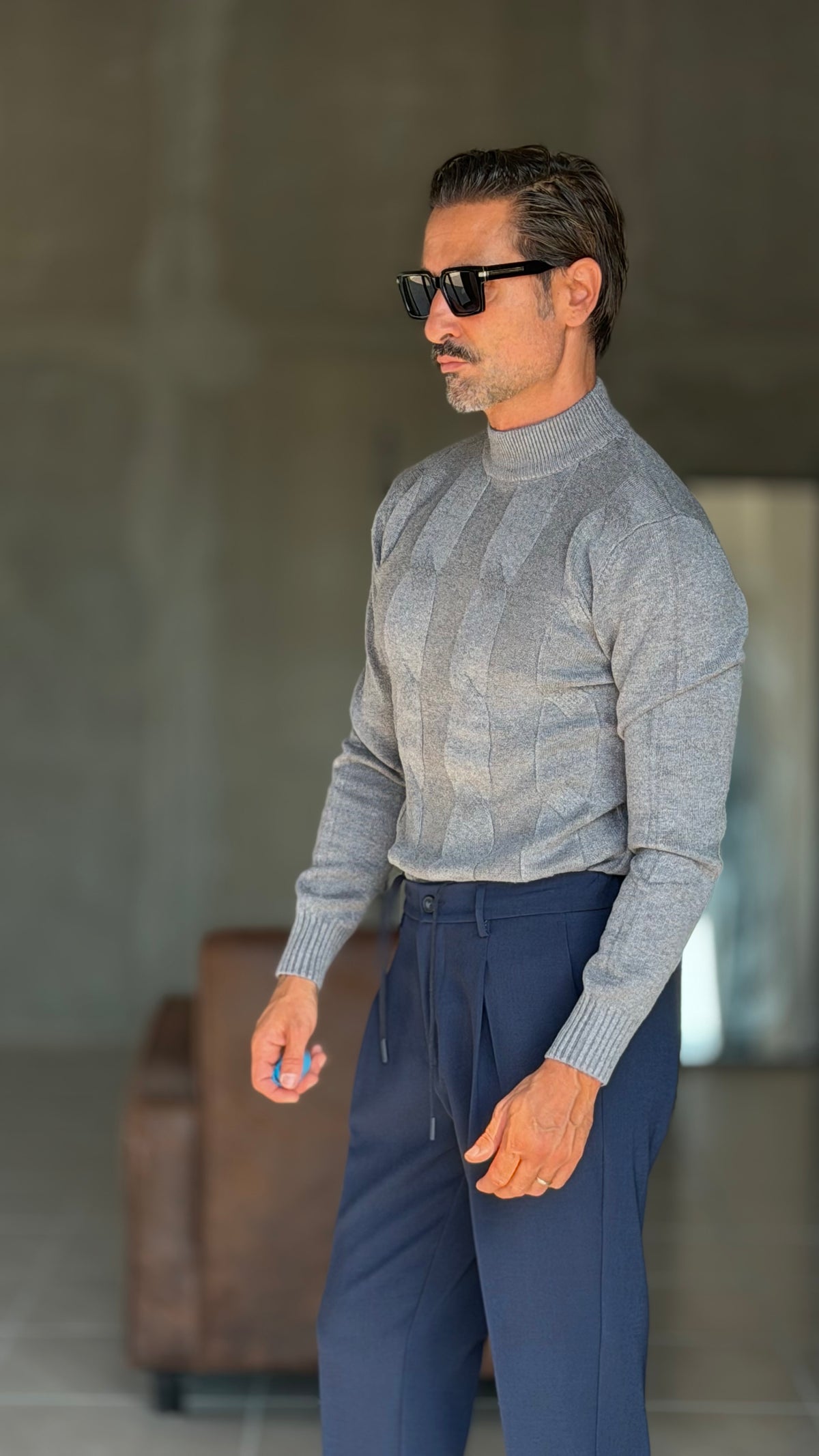 PULLOVER GRIGIO MEZZO COLLO TRECCIA VISCOSA