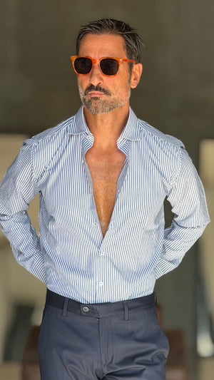 CAMICIA MILLERIGHE BLU STRETCH POPELINE DI COTONE