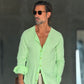 CAMICIA COREANA VERDE KIWI GOFFRATA COTONE  EFFETTO LINO. 278