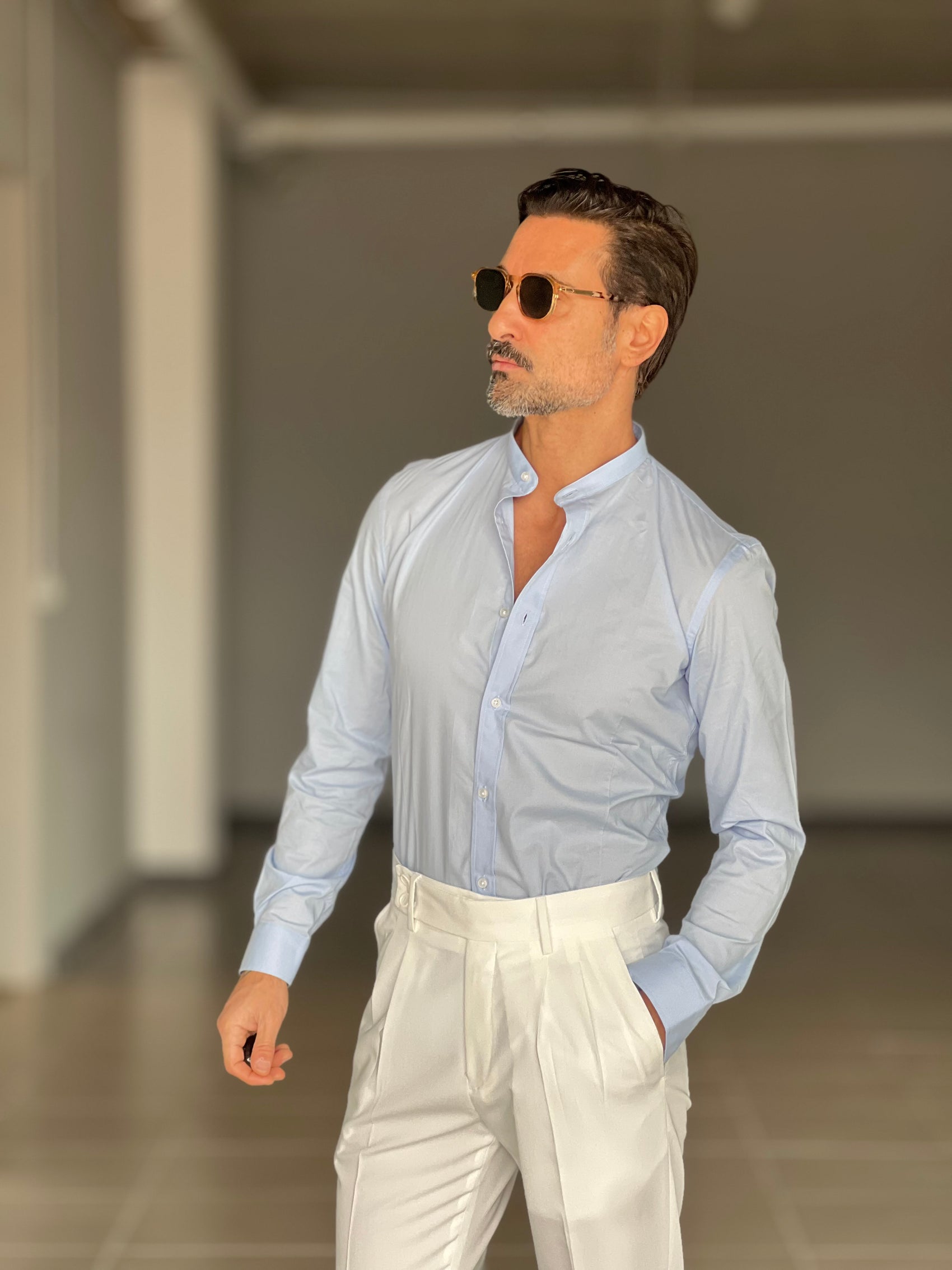 CAMICIA CELESTE COREANA   POPELINE DI COTONE STRECH