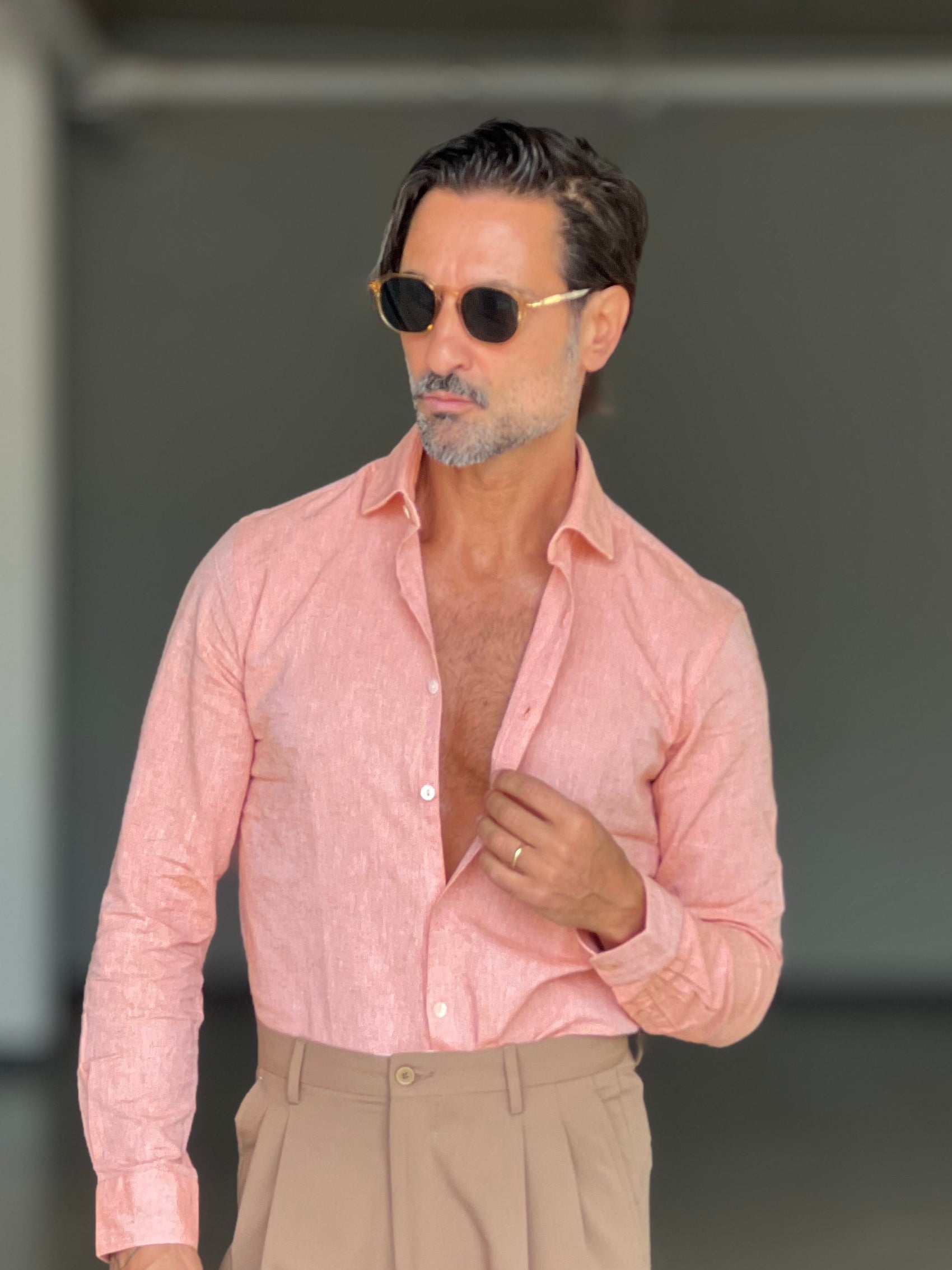 CAMICIA  ARANCIO  LINO E MISTI COLLO ITALIANO