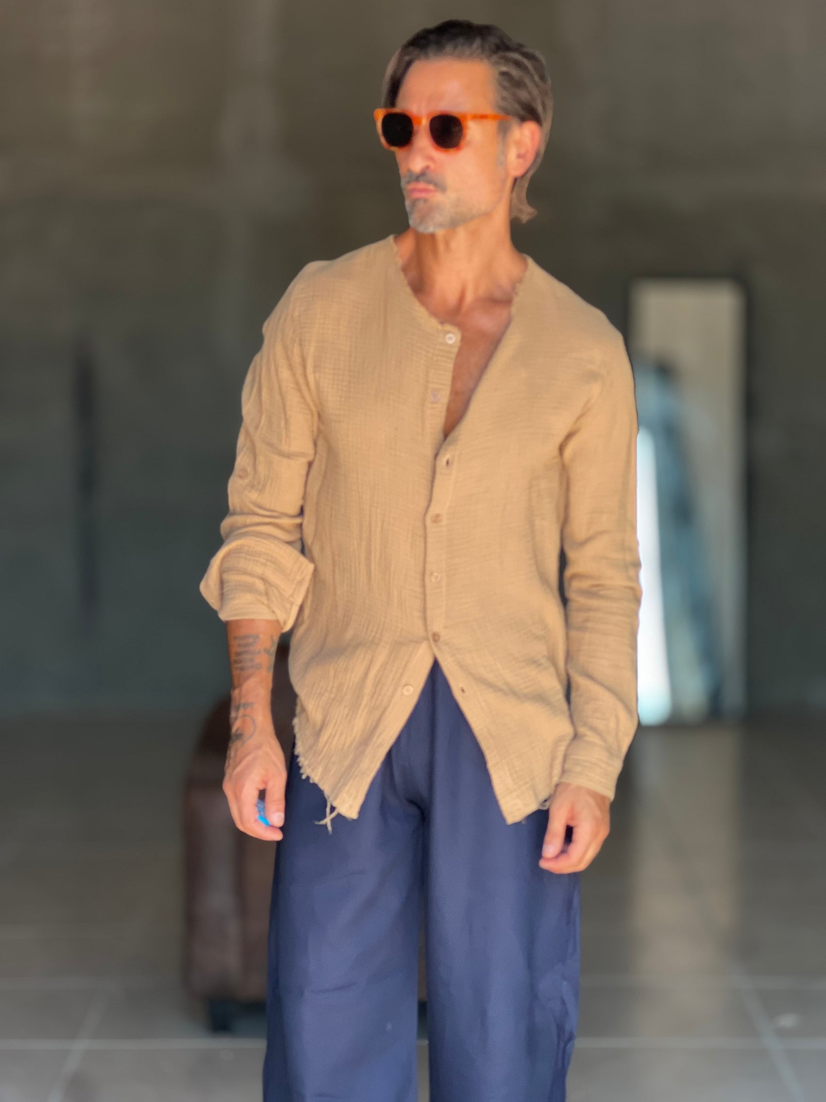 CAMICIA COREANA CARAMELLO  CHIARO GOFFRATA COTONE  EFFETTO LINO. 278