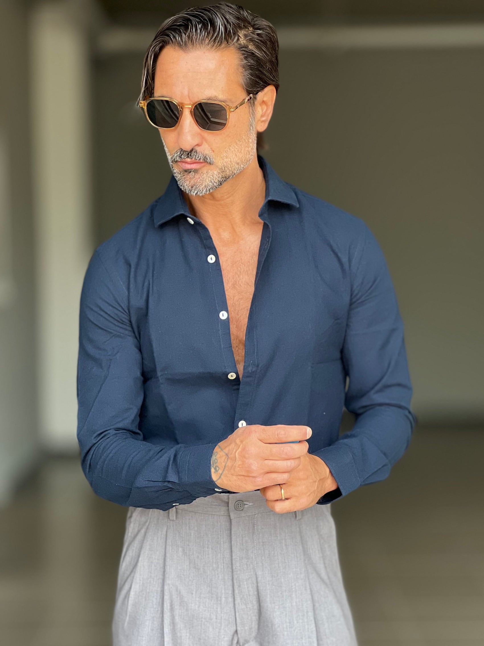 CAMICIA  BLU   LINO E MISTI COLLO ITALIANO