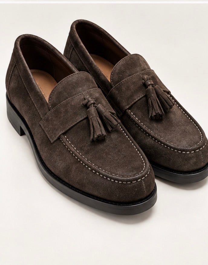 MOCASSINO MORO CAMOSCIO  PELLE LAVORATA CAMPANELLA