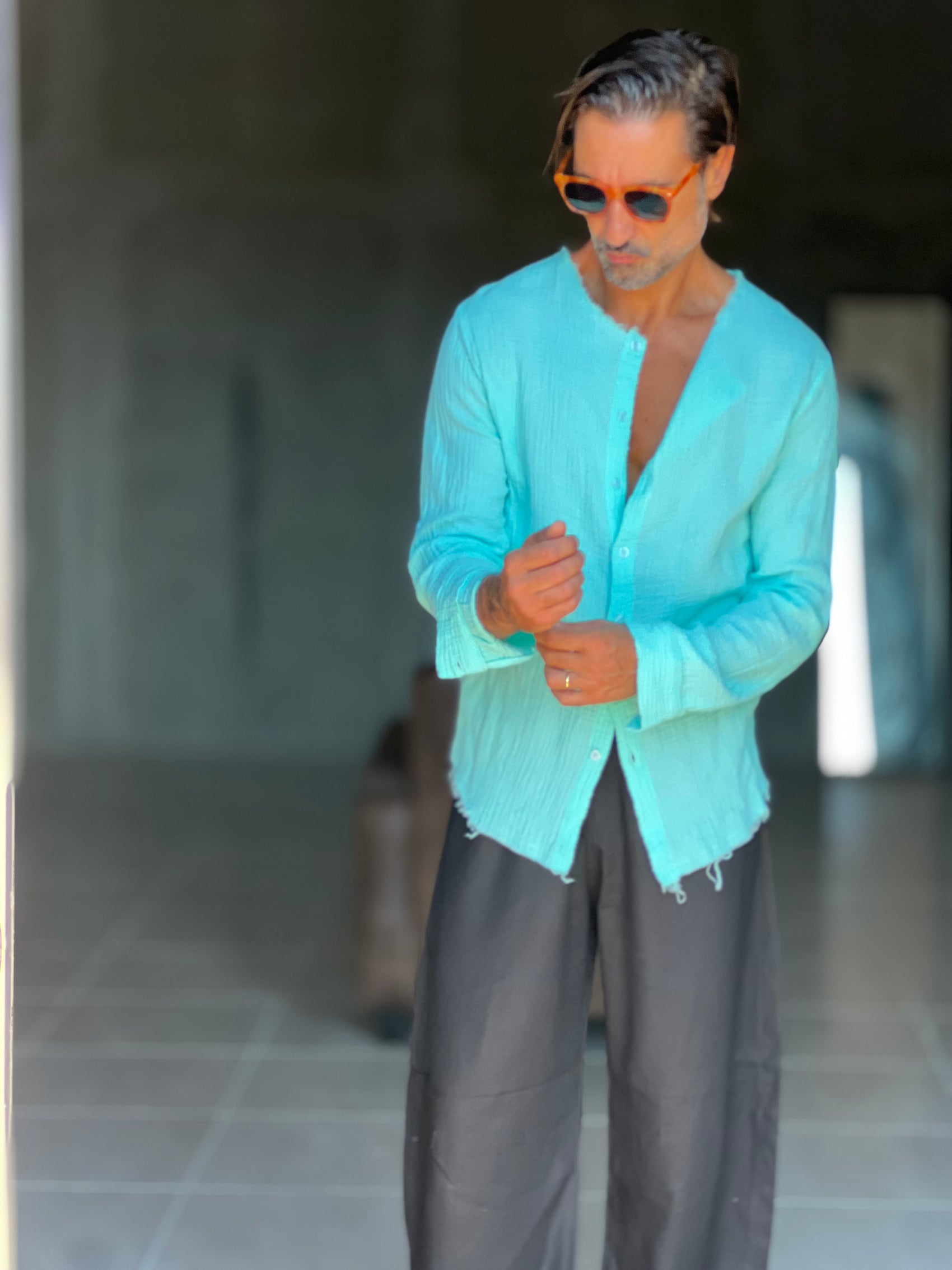 CAMICIA COREANA VERDE ACQUA GOFFRATA COTONE  EFFETTO LINO 278