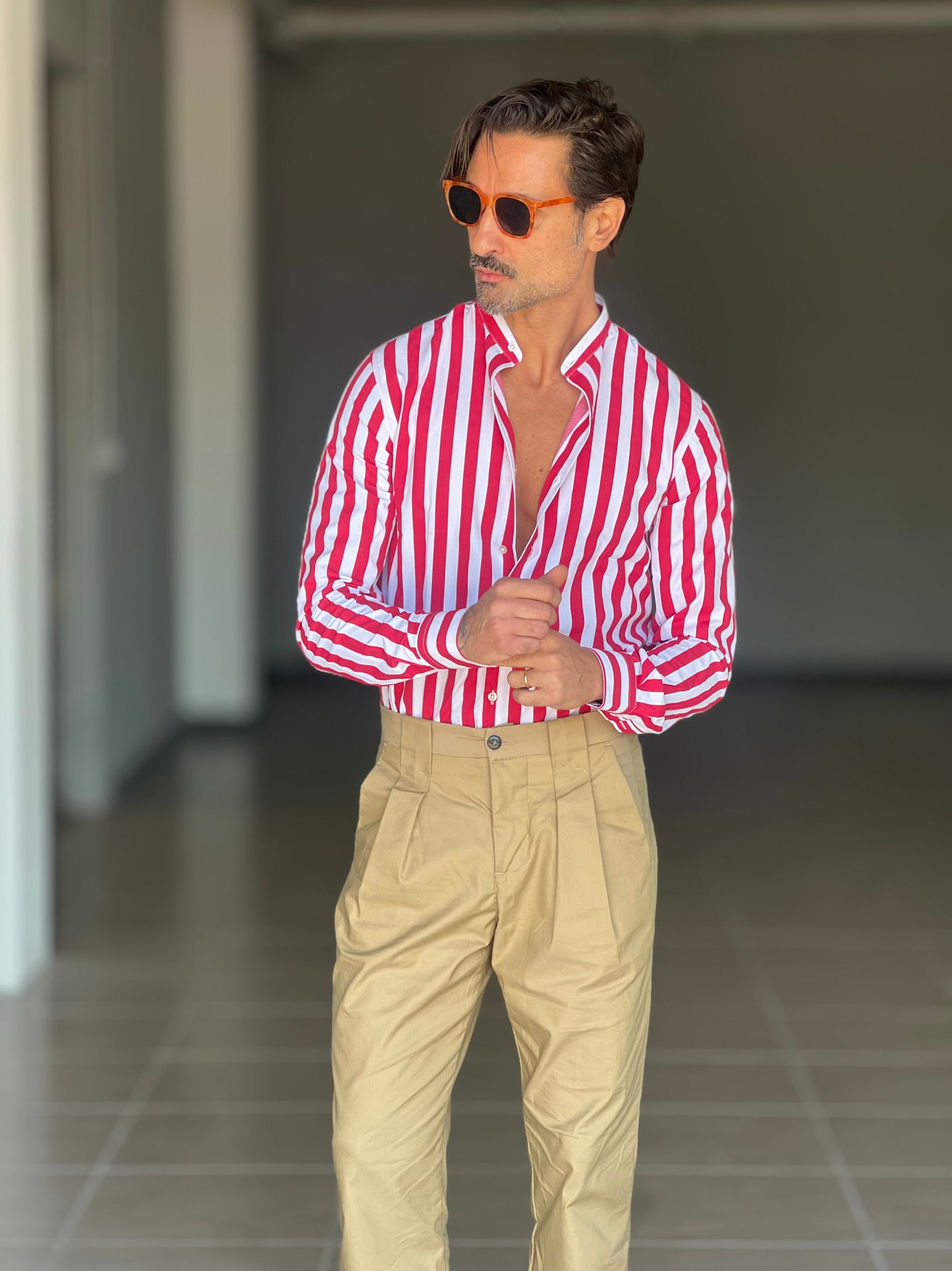 CAMICIA BIANCA E ROSSA  COREANA   POPELINE DI COTONE STRECH