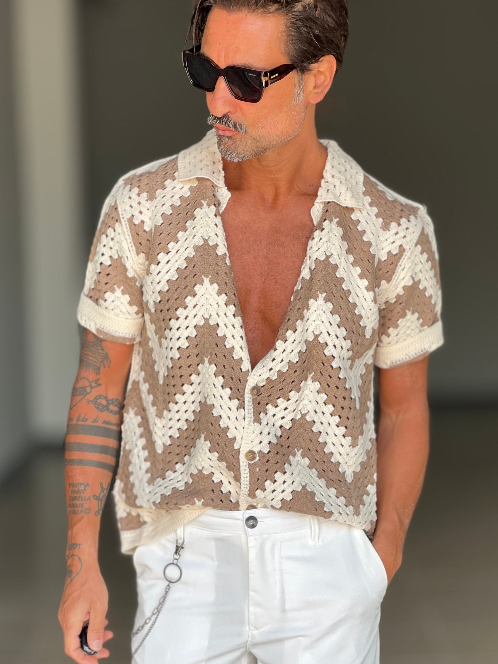 POLO PANNA  DISEGNO ROMBO  MORO E PANNA    LAVORAZIONE UNCINETTO