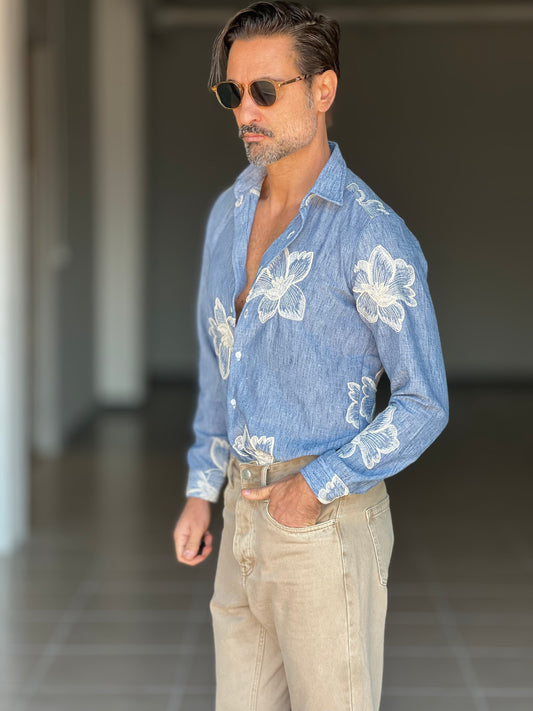 CAMICIA CELESTE  FANTASIA KENIA IN COTONE FIAMMATO  RICAMATA