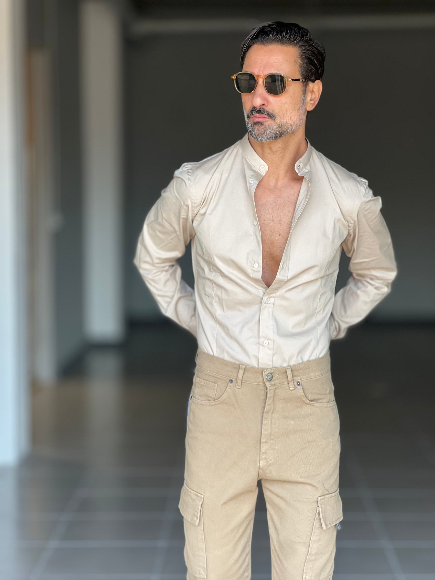 CAMICIA CAMMELLO  COREANA   POPELINE DI COTONE STRECH