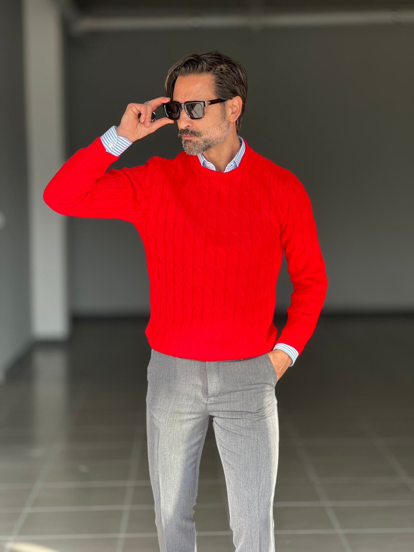 BLUE THREAD COTTON CREW NECK SWEATER