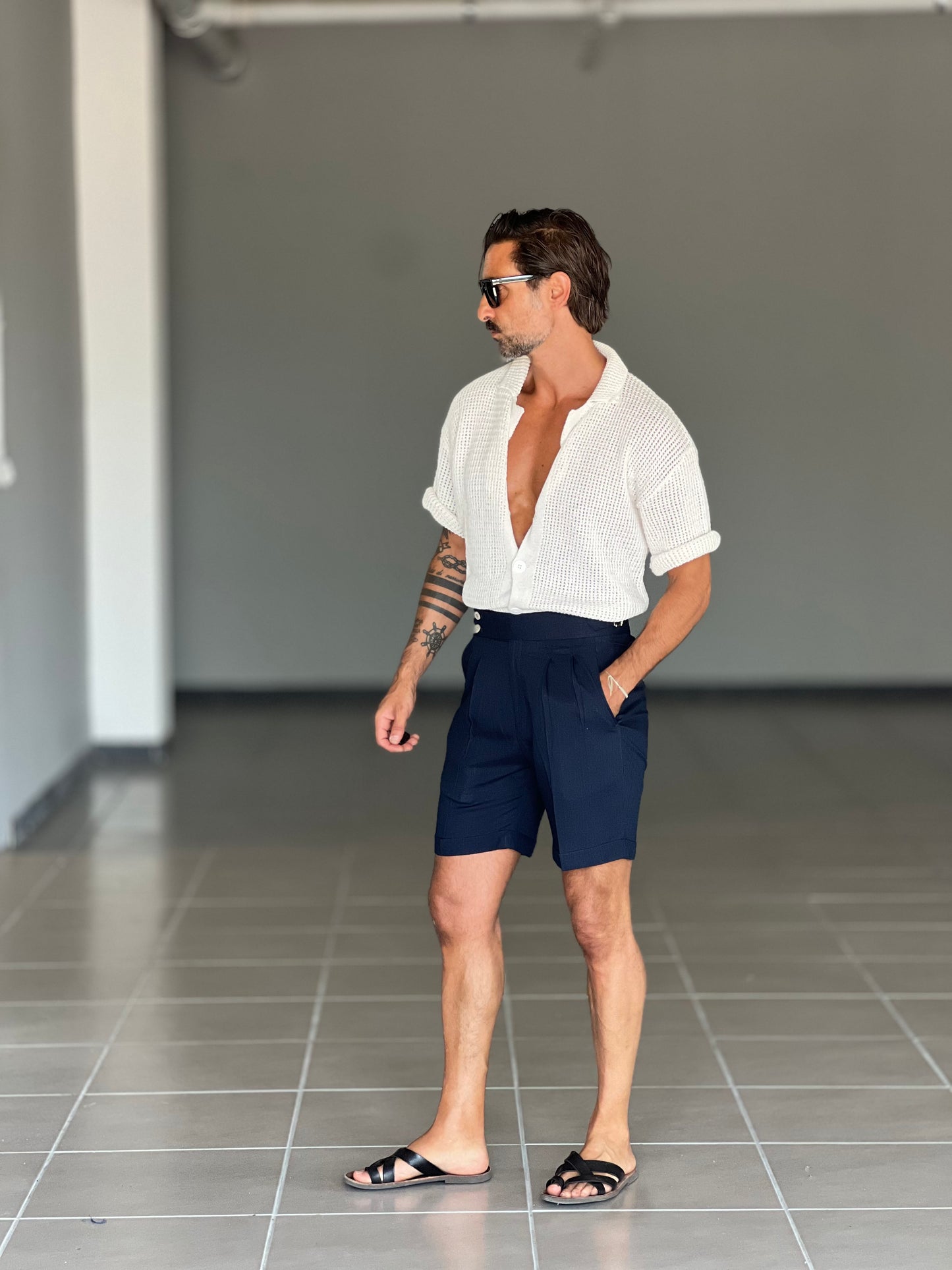 BERMUDA BLU LINO E VISCOSA   VITA ALTA