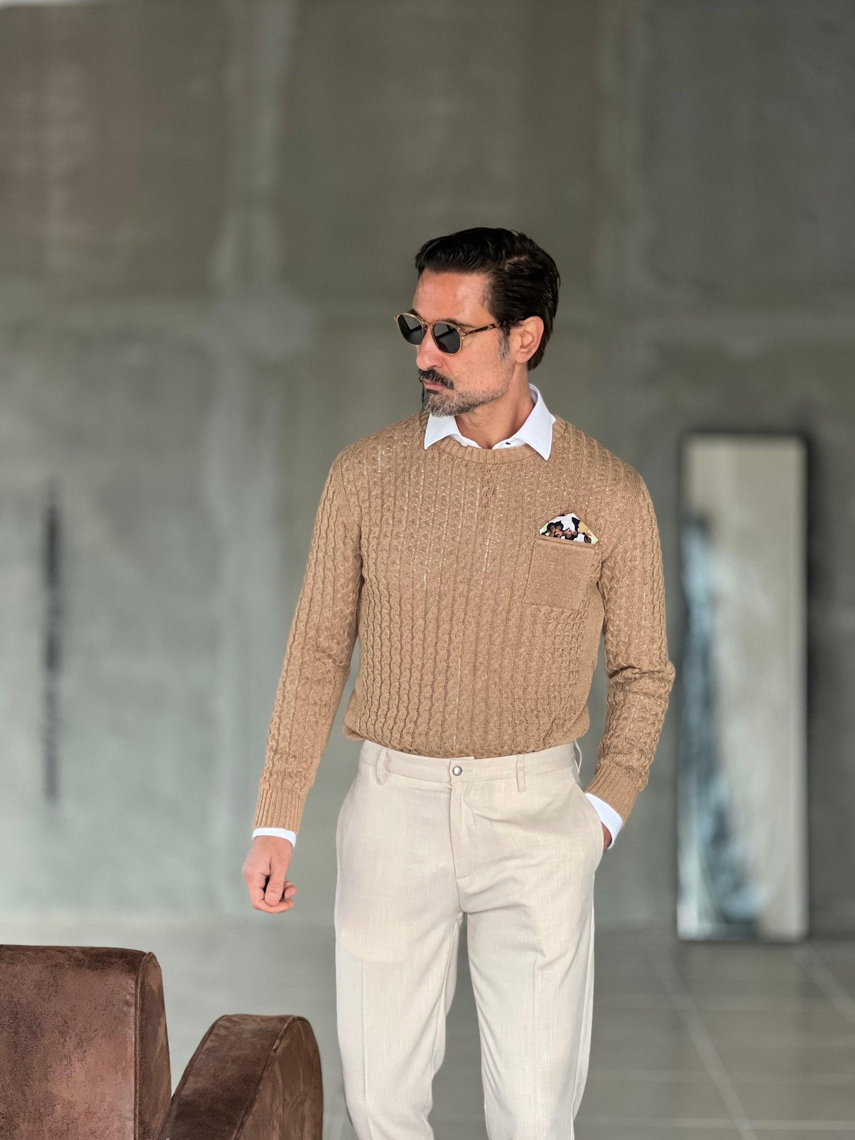 MAGLIA TORTORA  TRECCIA COTONE TASCHINO