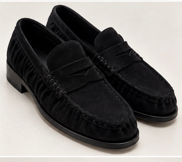 MOCASSINO NERO PELLE CAMOSCIO ARRICCIATO