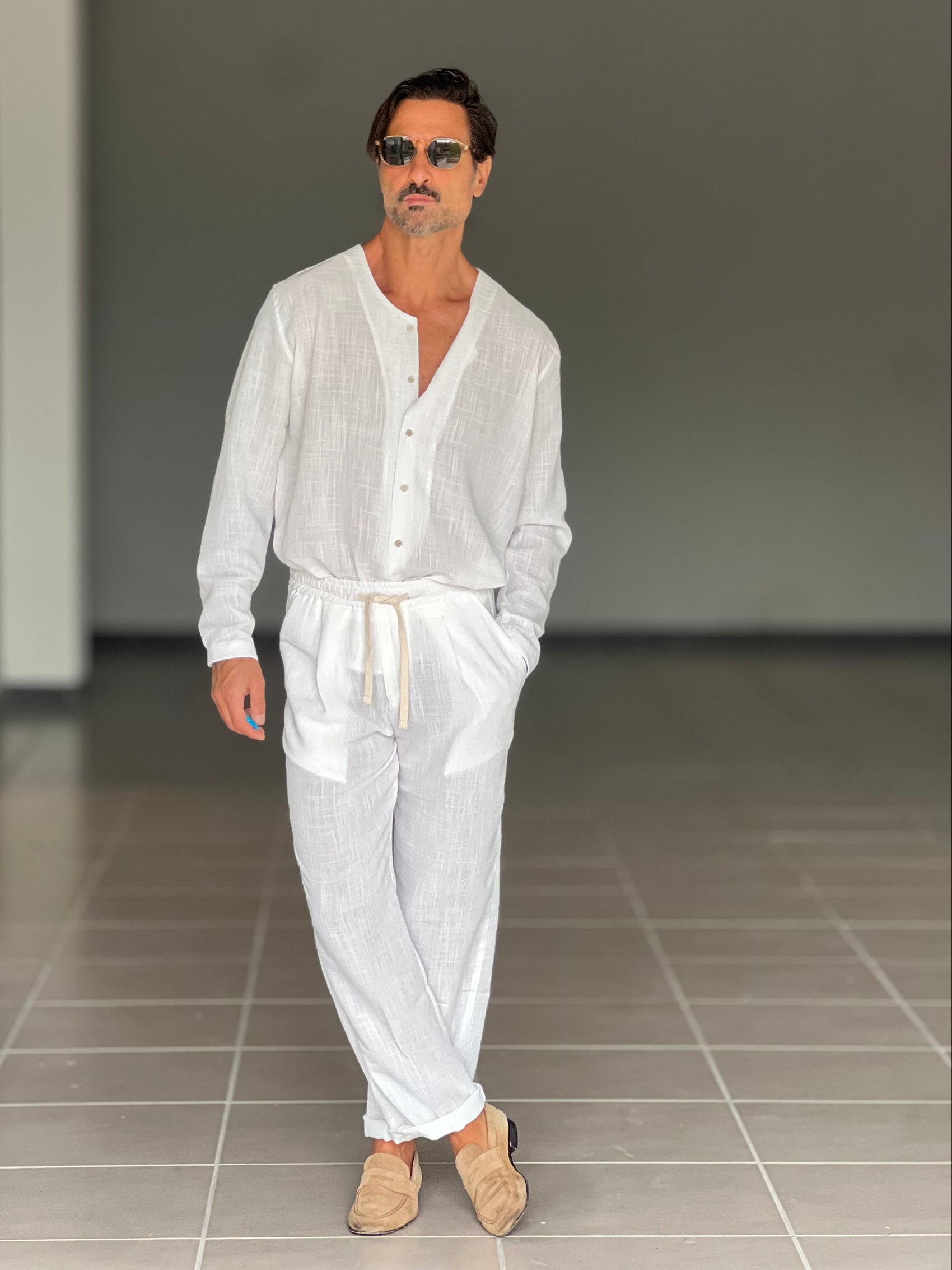 COORDINATO CAMICIA  PANTALACCIO BIANCO COREANA GIROCOLLO COTENE VISCOSA EFFETTO LINO