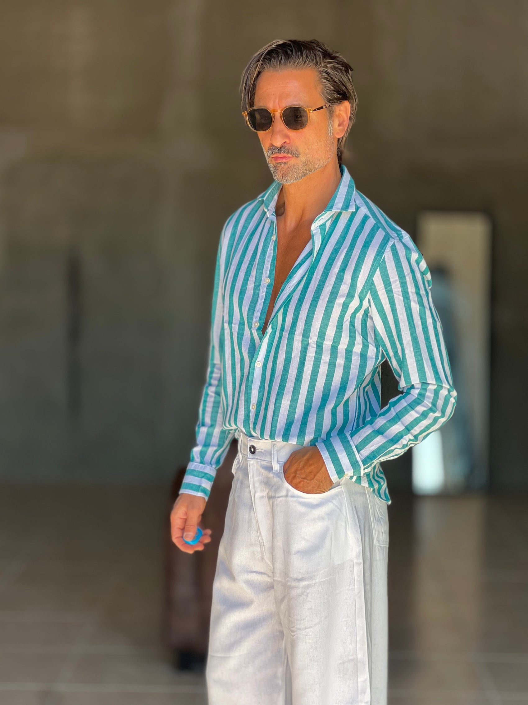 CAMICIA   BACCHETTA GRANDE  BIANCA E VERDE  LINO E MISTI COLLO ITALIANO
