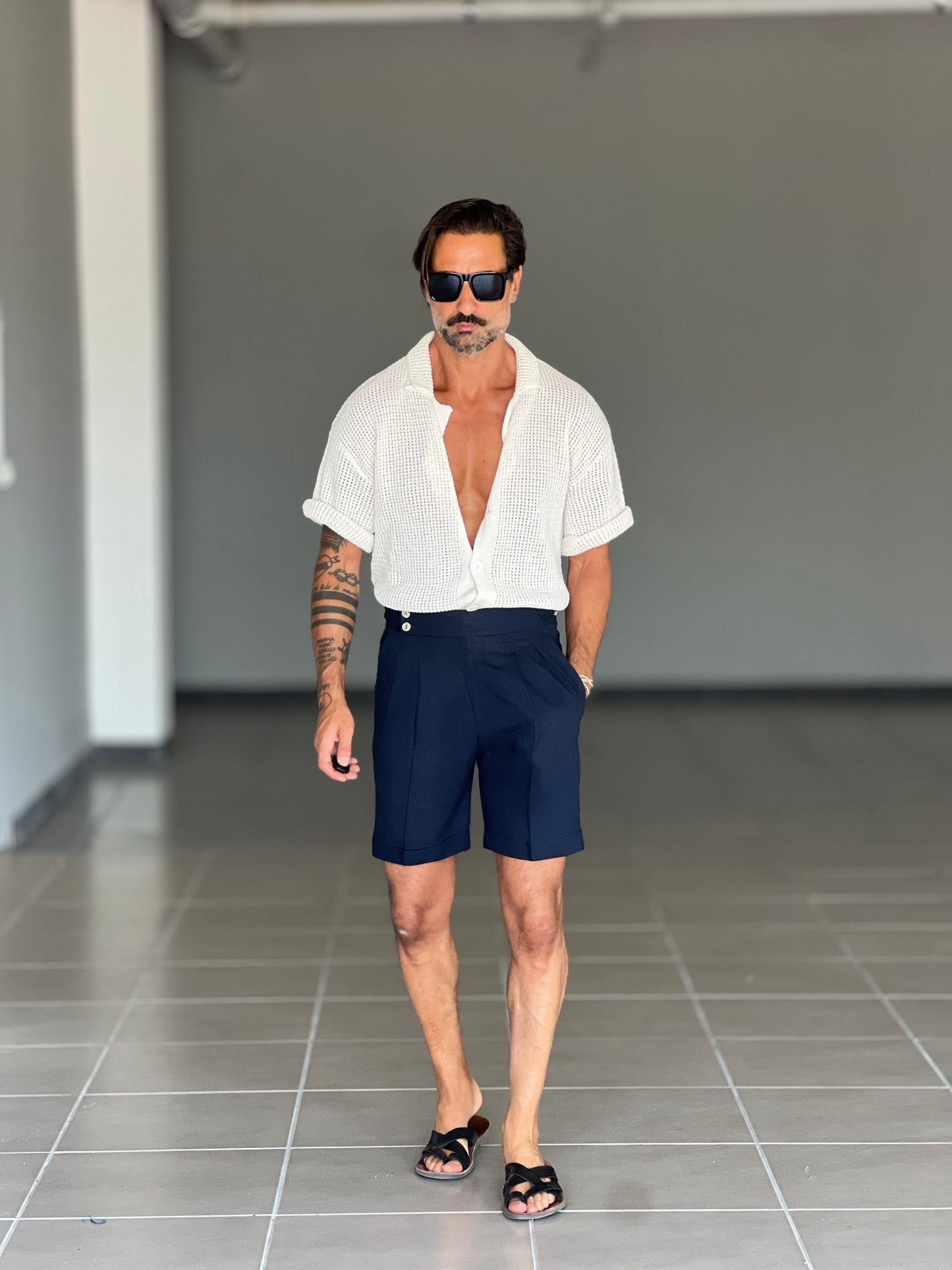 BERMUDA BLU LINO E VISCOSA   VITA ALTA