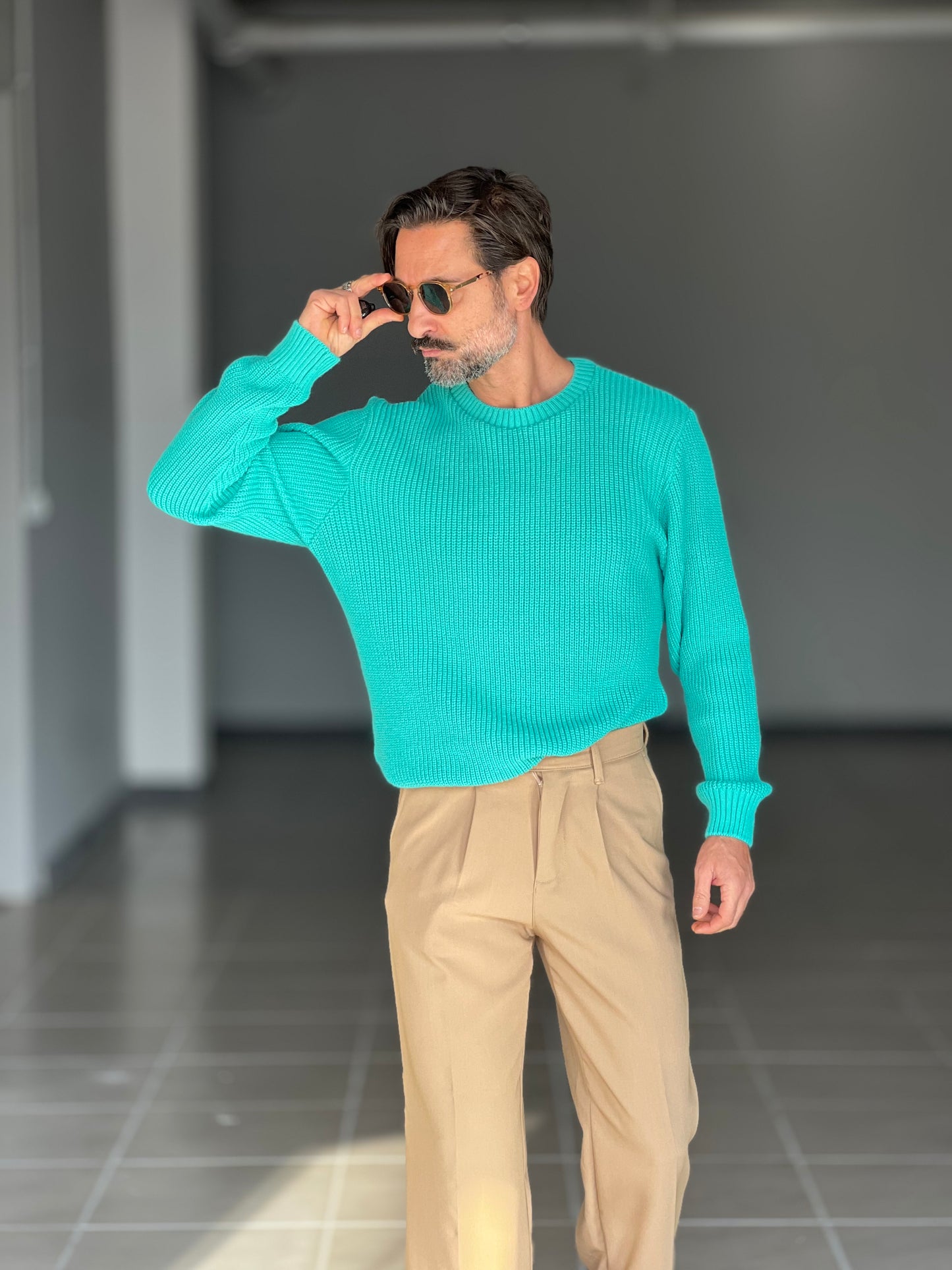 BLUE THREAD COTTON CREW NECK SWEATER