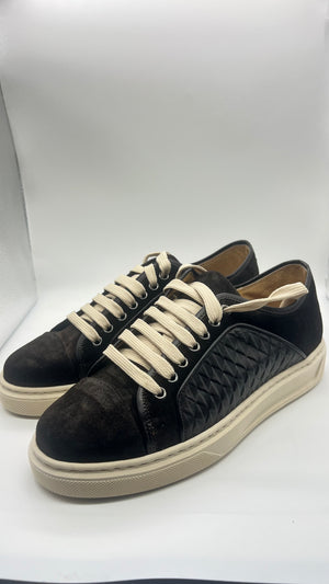 LEATHER AND SUEDE SNEAKERS WITH YELLOW CAP
