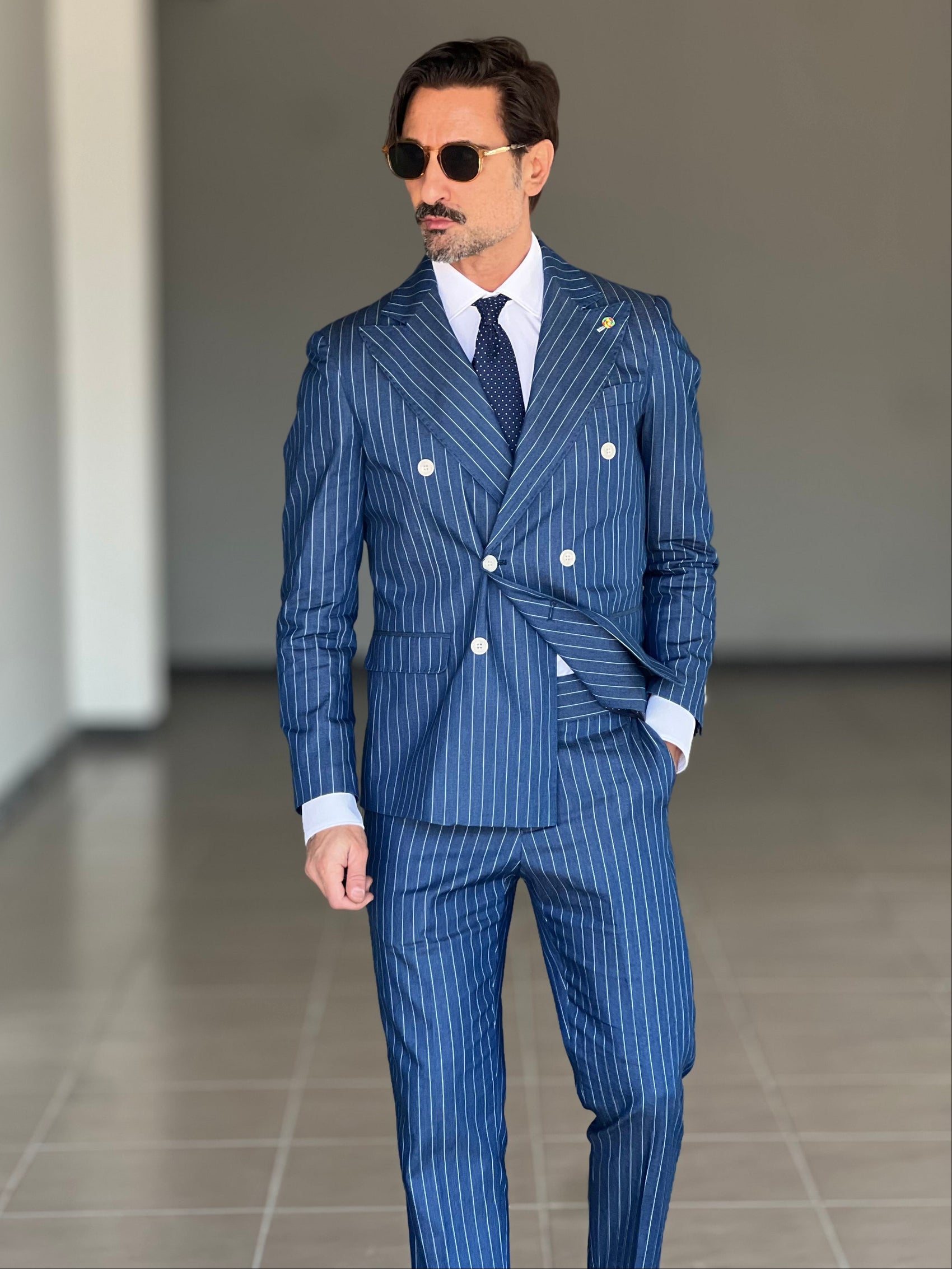 ABITO COLOR DENIM GESSATO FIAMMATO DOPPIOPETTO BOTTONE METALLO