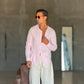 CAMICIA COREANA ROSA GOFFRATA COTONE  EFFETTO LINO