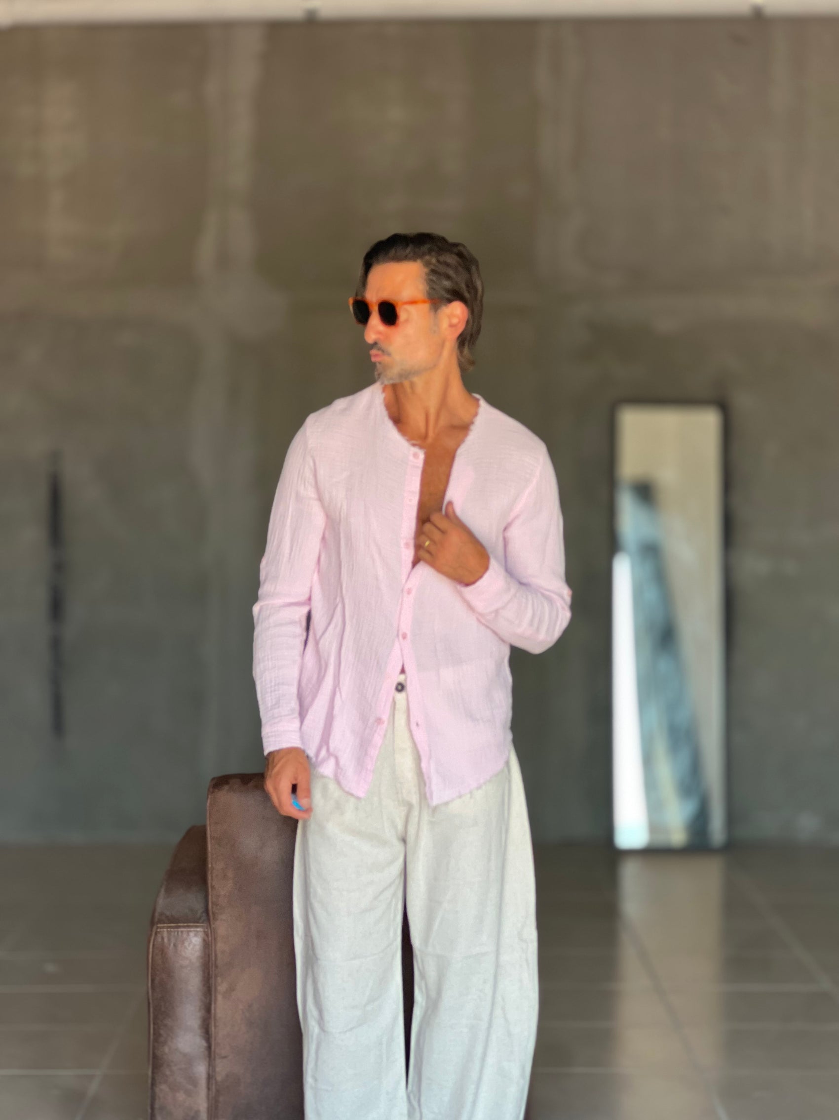 CAMICIA COREANA ROSA GOFFRATA COTONE  EFFETTO LINO 278