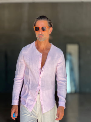 CAMICIA COREANA ROSA GOFFRATA COTONE  EFFETTO LINO