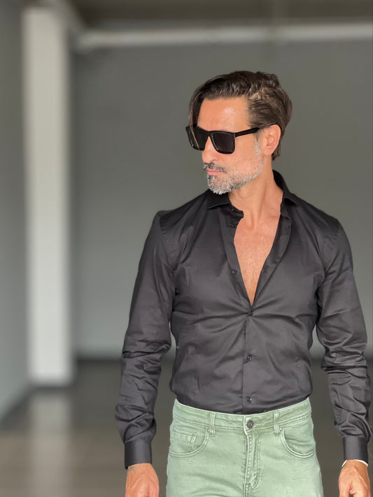 CAMICIA NERA  COTONE COLLO ITALIANO STRECH