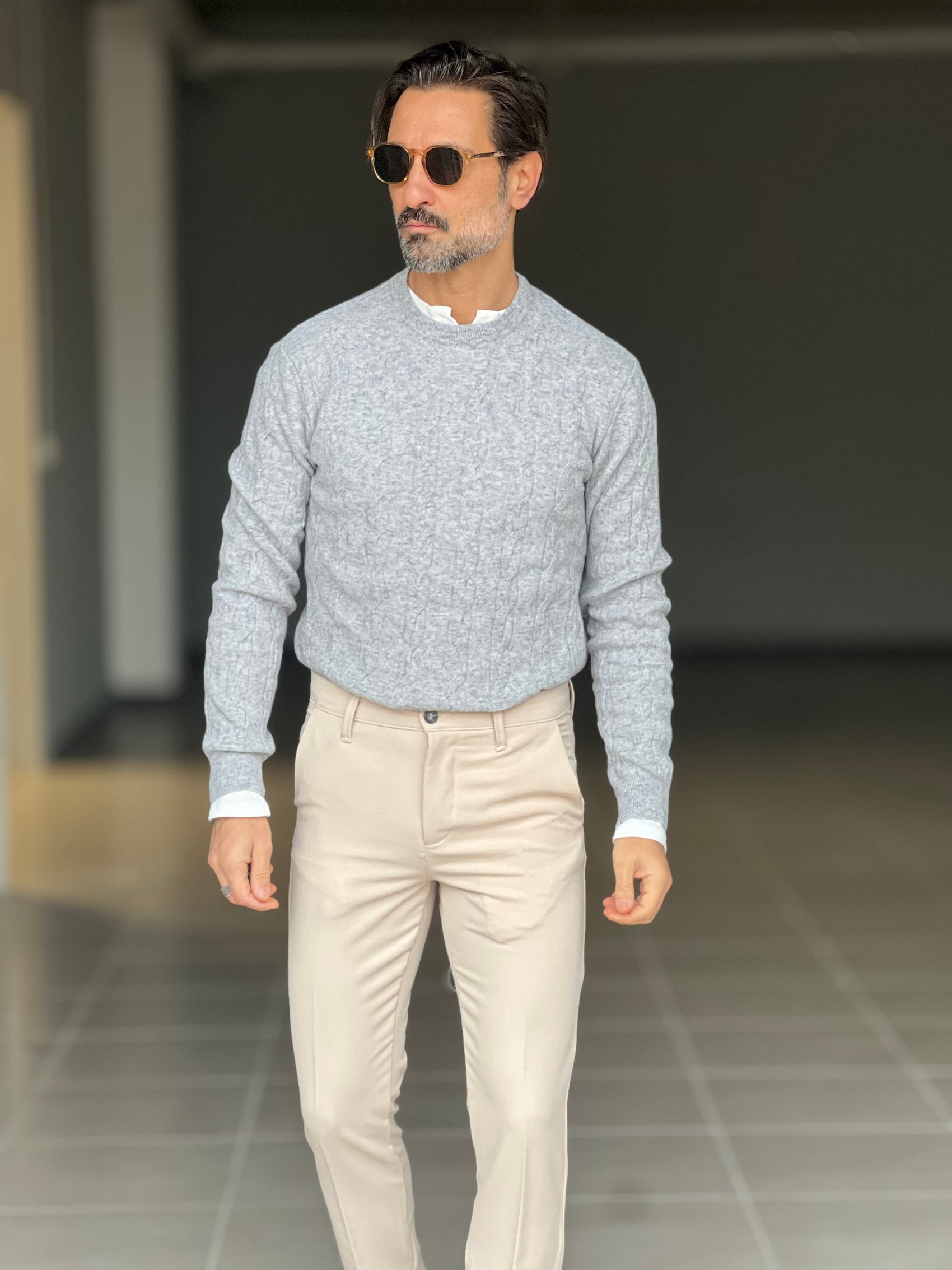 MAGLIA GIRO GRIGIA LANA E CASHEMERE TRECCIA PICCOLA