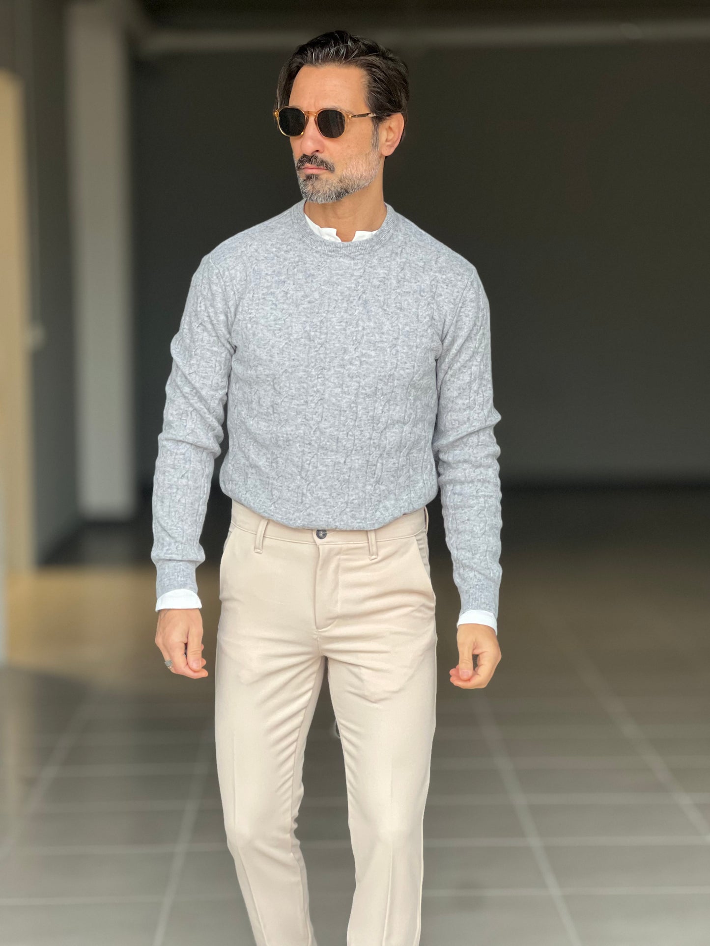 MAGLIA GIRO GRIGIA LANA E CASHEMERE TRECCIA PICCOLA