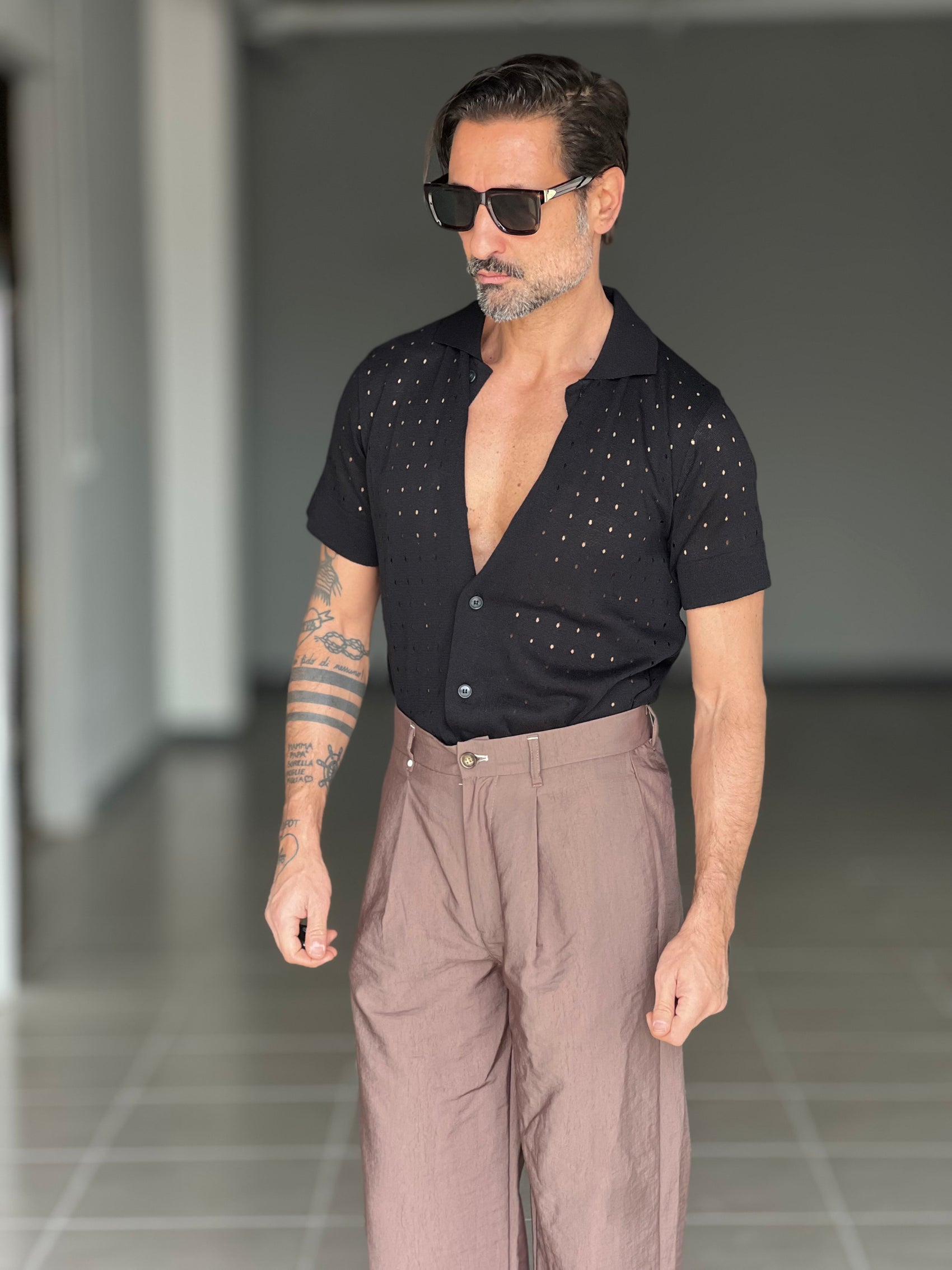 POLO CAMICIA NERA TRAMATURA FORATA BL11
