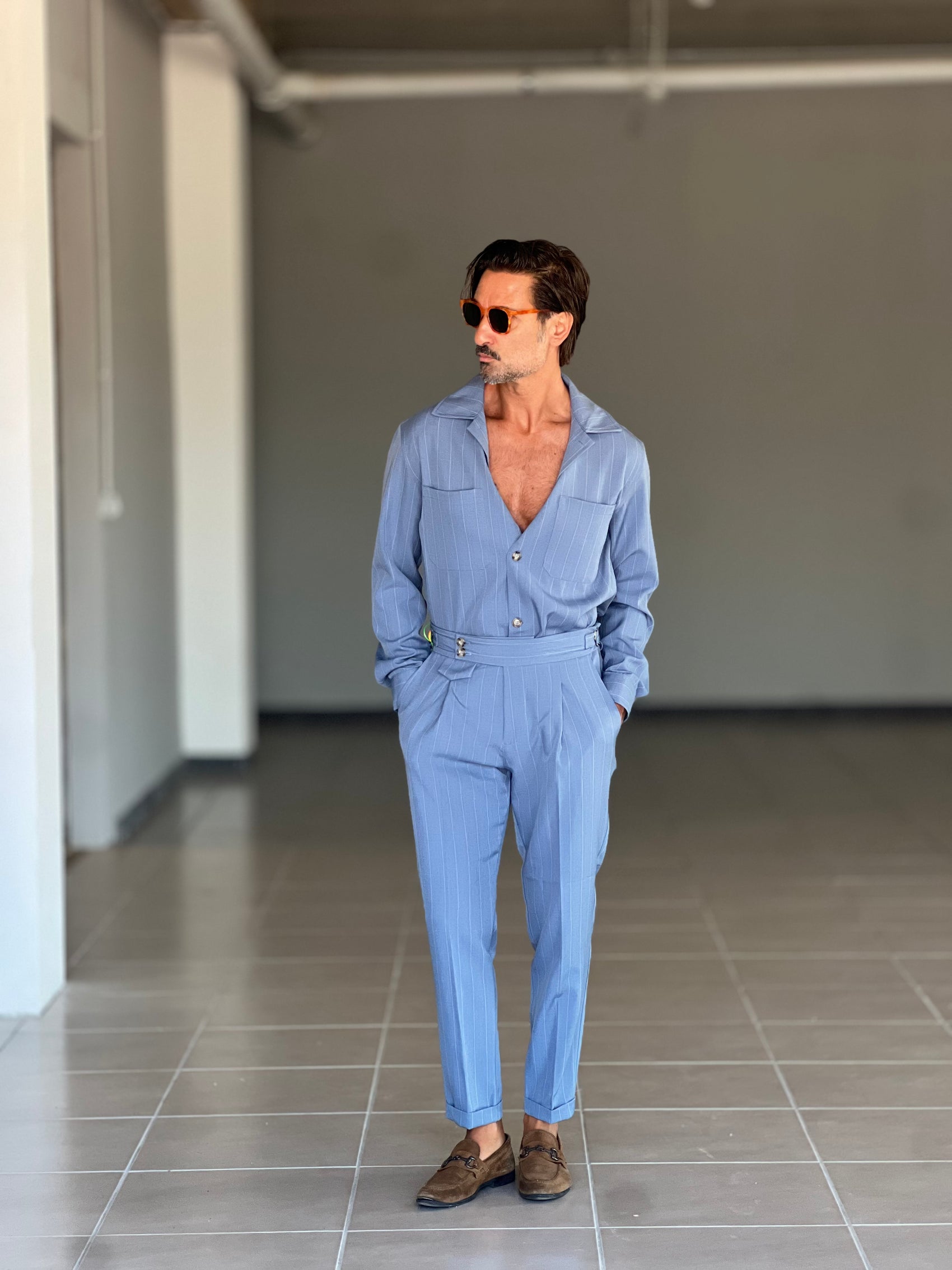 FILLJACKET  CELESTE MARE GESSATA VISCOSA OVER FIT 0301 ABBINABILE AL PANTALONE GESSATO  CELESTE MARE 00301