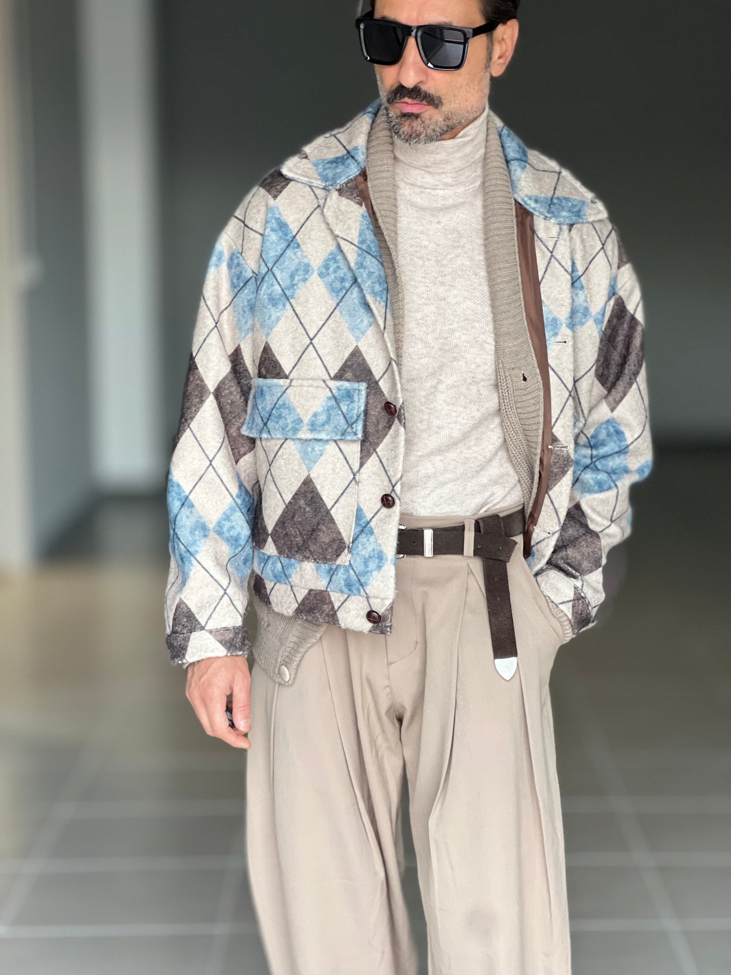 FILL JACKET ROMBO MORO PANNA E CELESTE CROP