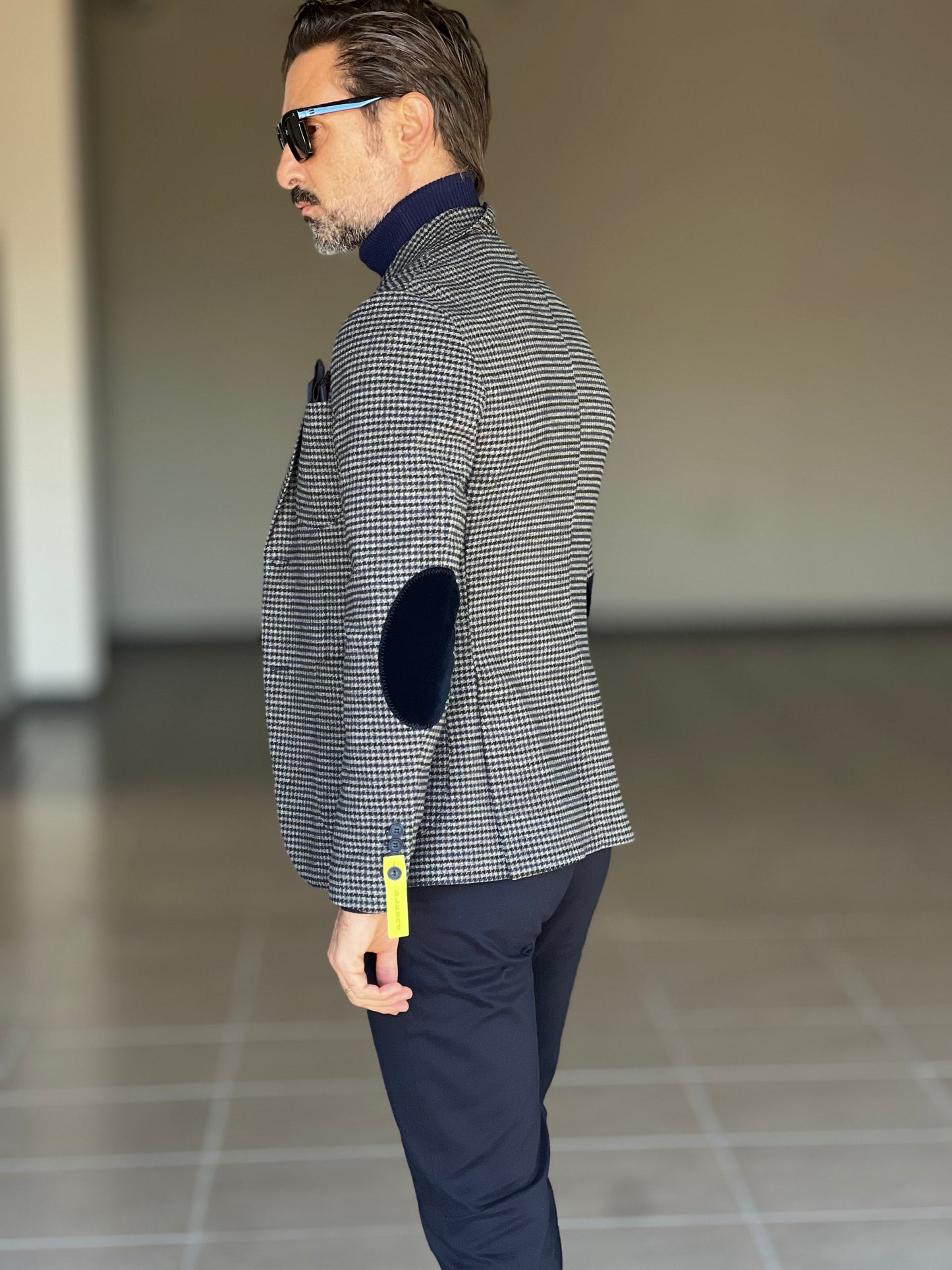 GIACCA PANNO GRIGIA MORO E BLU  PIE DE POULE TOPPE AI GOMITI