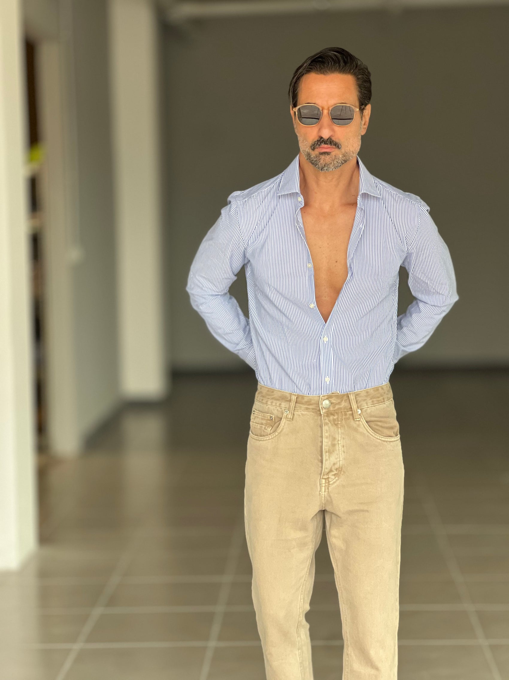 CAMICIA DEPOT  BACCHETTA FINA BLU   COLLO PICCOLO POPELINE  DI COTONE DOPPIORITORTO