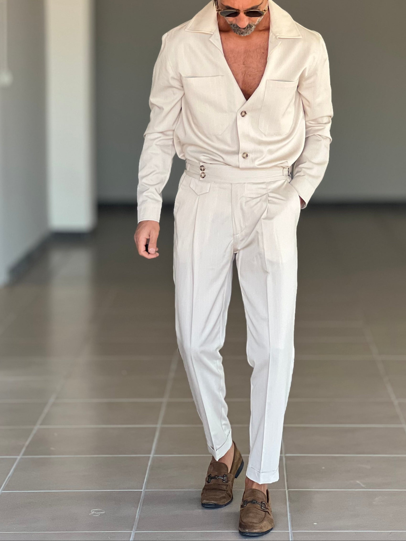 PANTALONE BEIGE  GESSATO  VITA ALTA PINCES VISCOSA. 0066