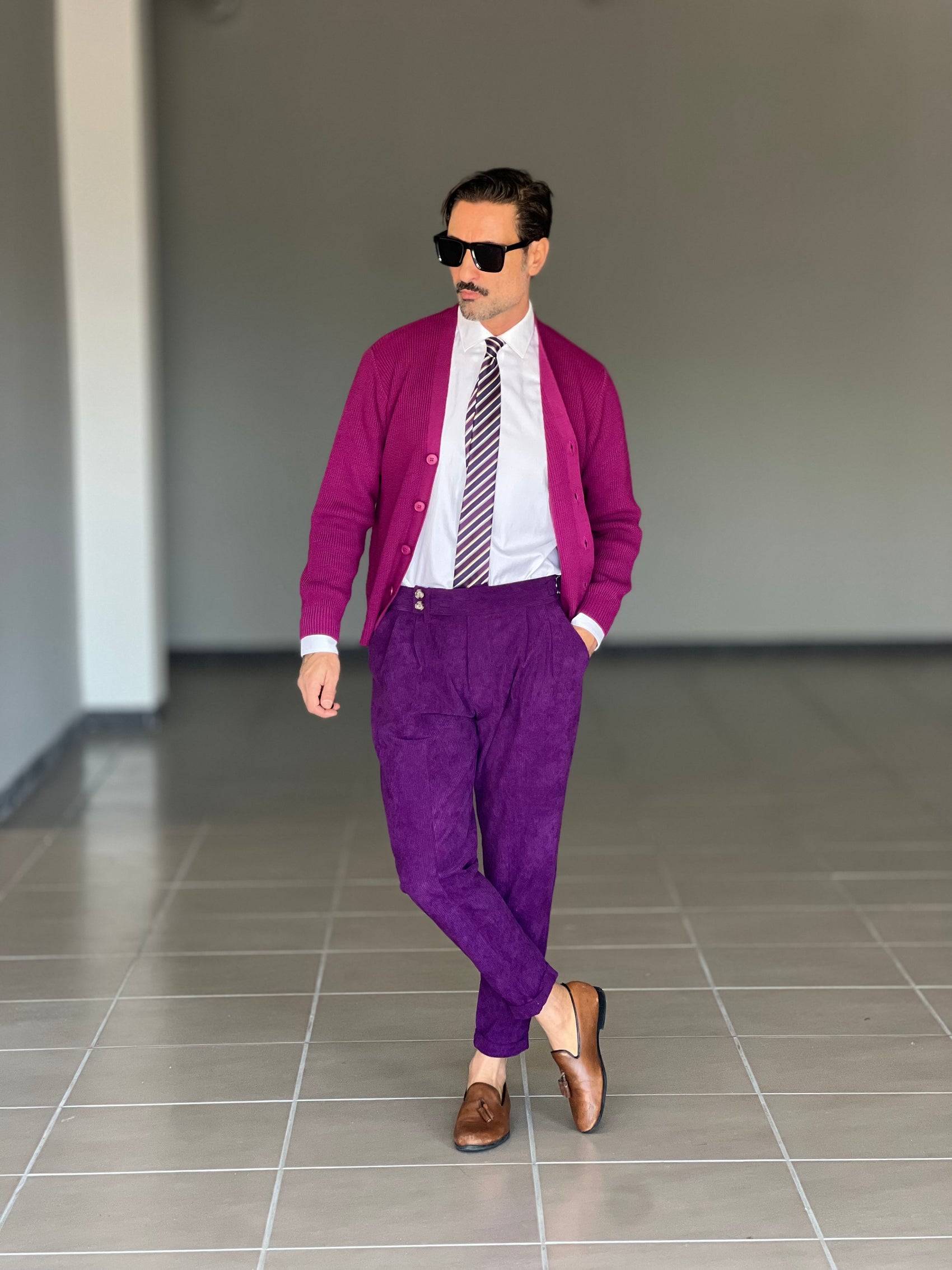 PANTALONE VELLUTO  VIOLA  PINCES VITA ALTA