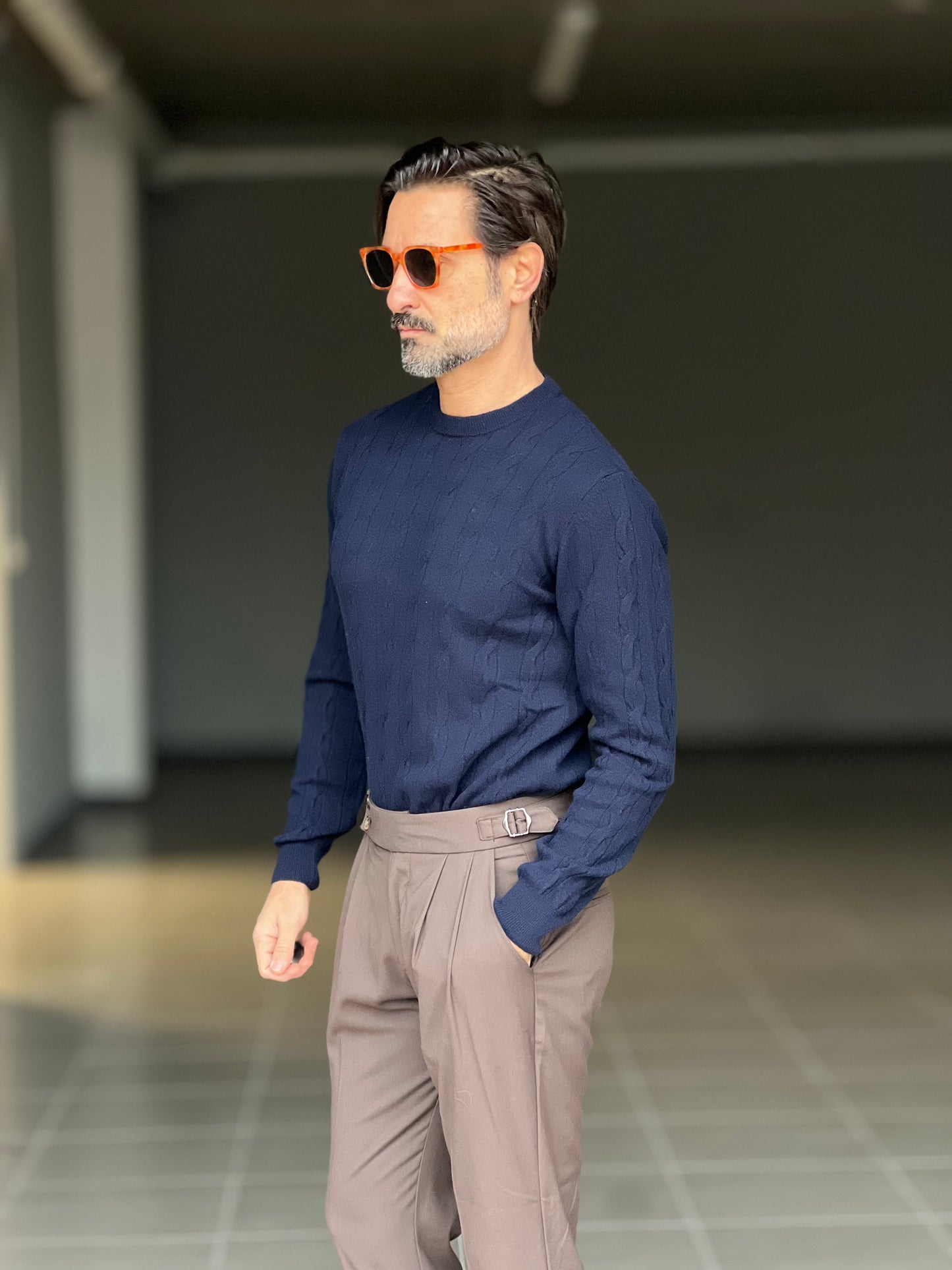 MAGLIA GIRO  BLU  LANA E CASHEMERE TRECCIA PICCOLA