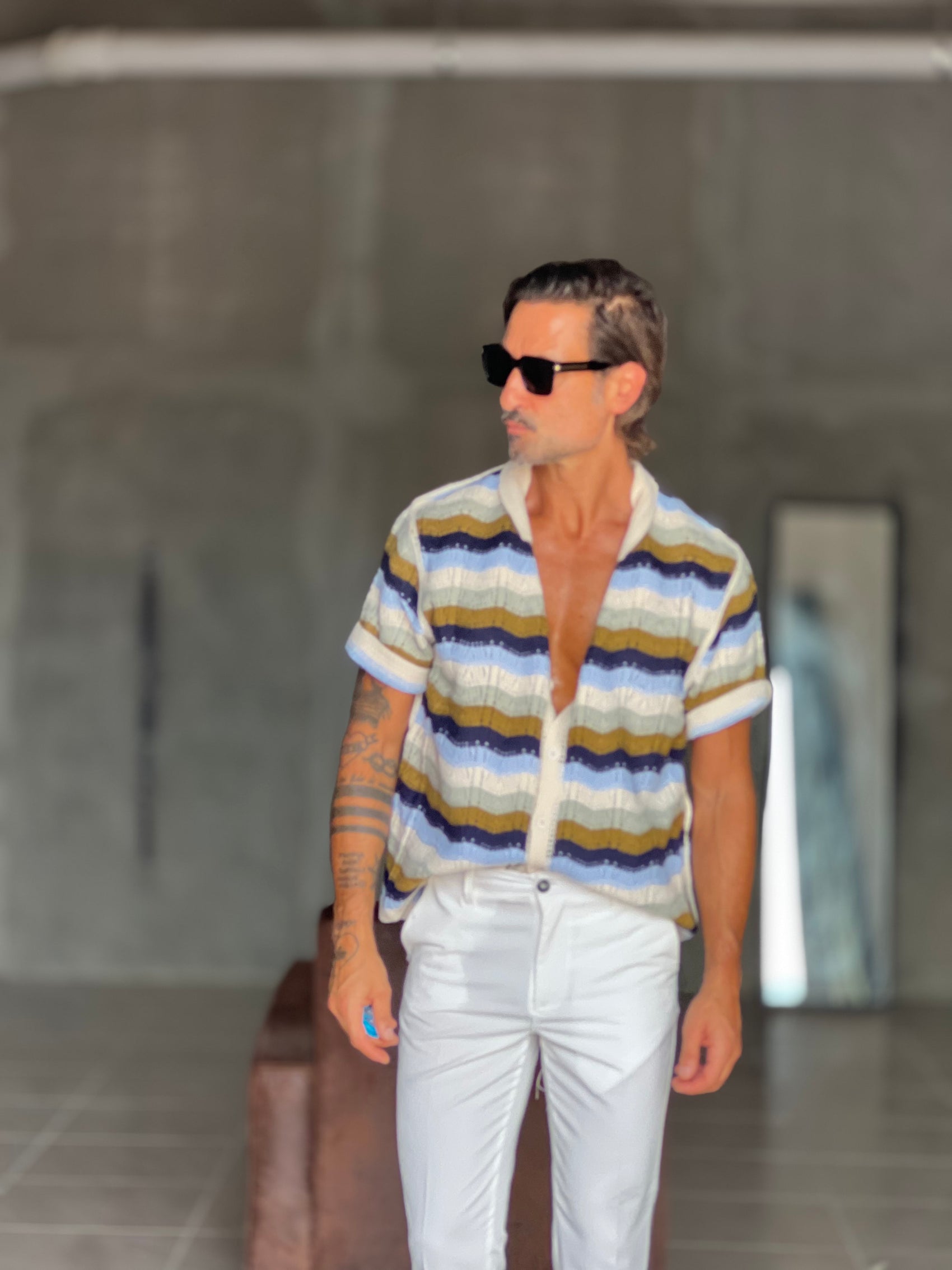 BLUE THREAD COTTON CREW NECK SWEATER
