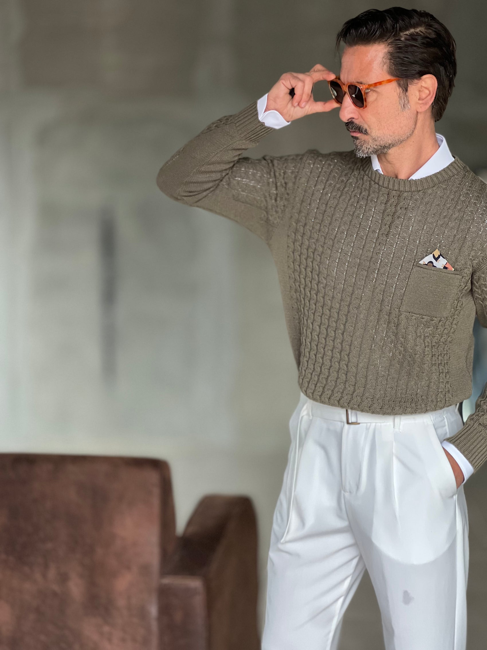 MAGLIA SALVIA  TRECCIA COTONE TASCHINO