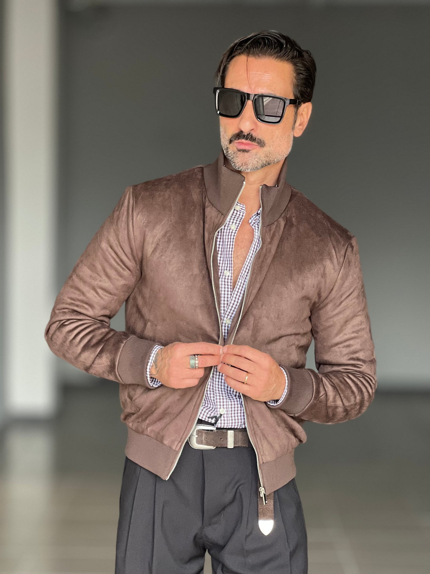 BOMBER ECOSUED MORO COLLO IN MAGLIA