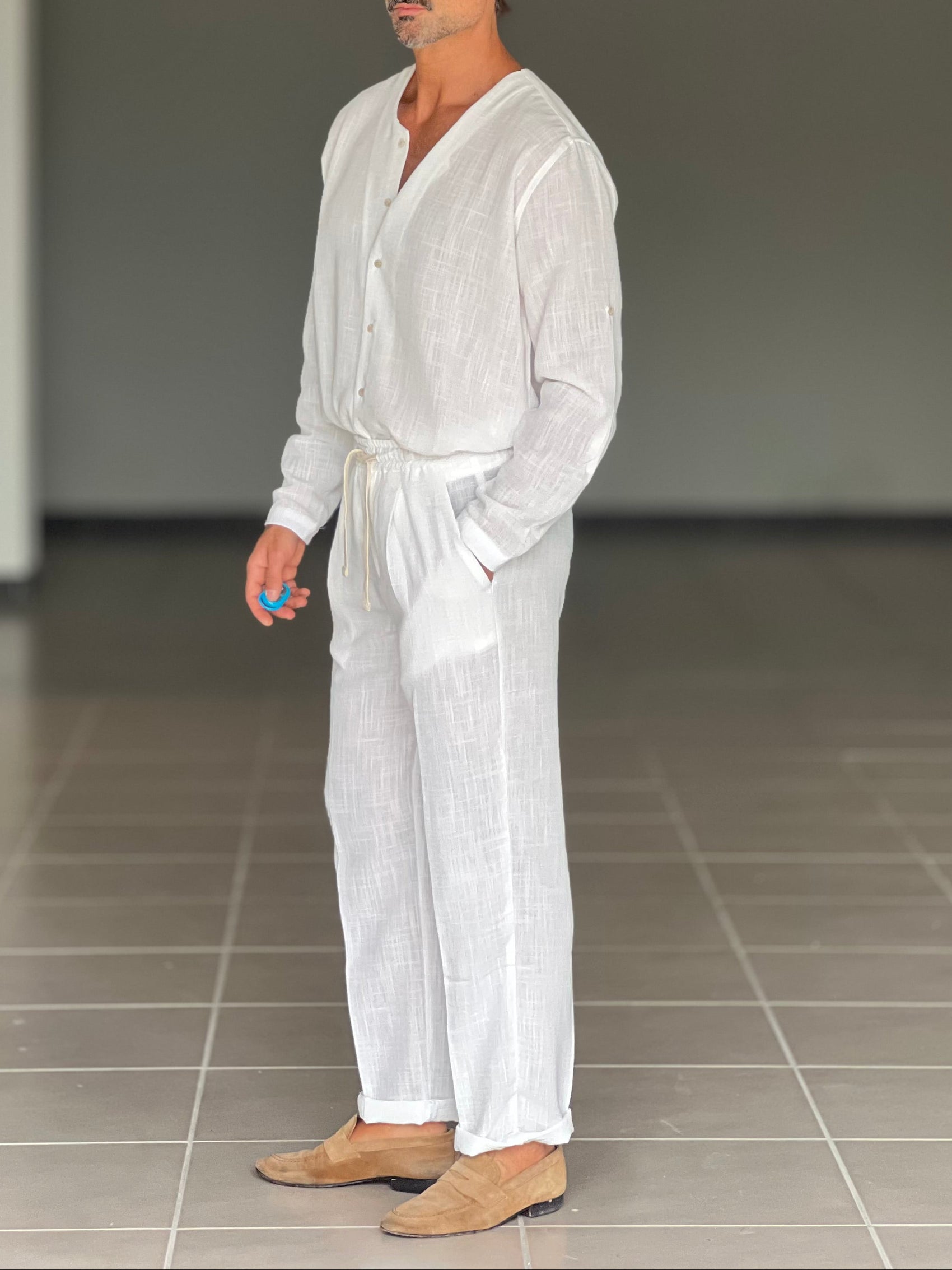 COORDINATO CAMICIA  PANTALACCIO BIANCO COREANA GIROCOLLO COTENE VISCOSA EFFETTO LINO. 00201