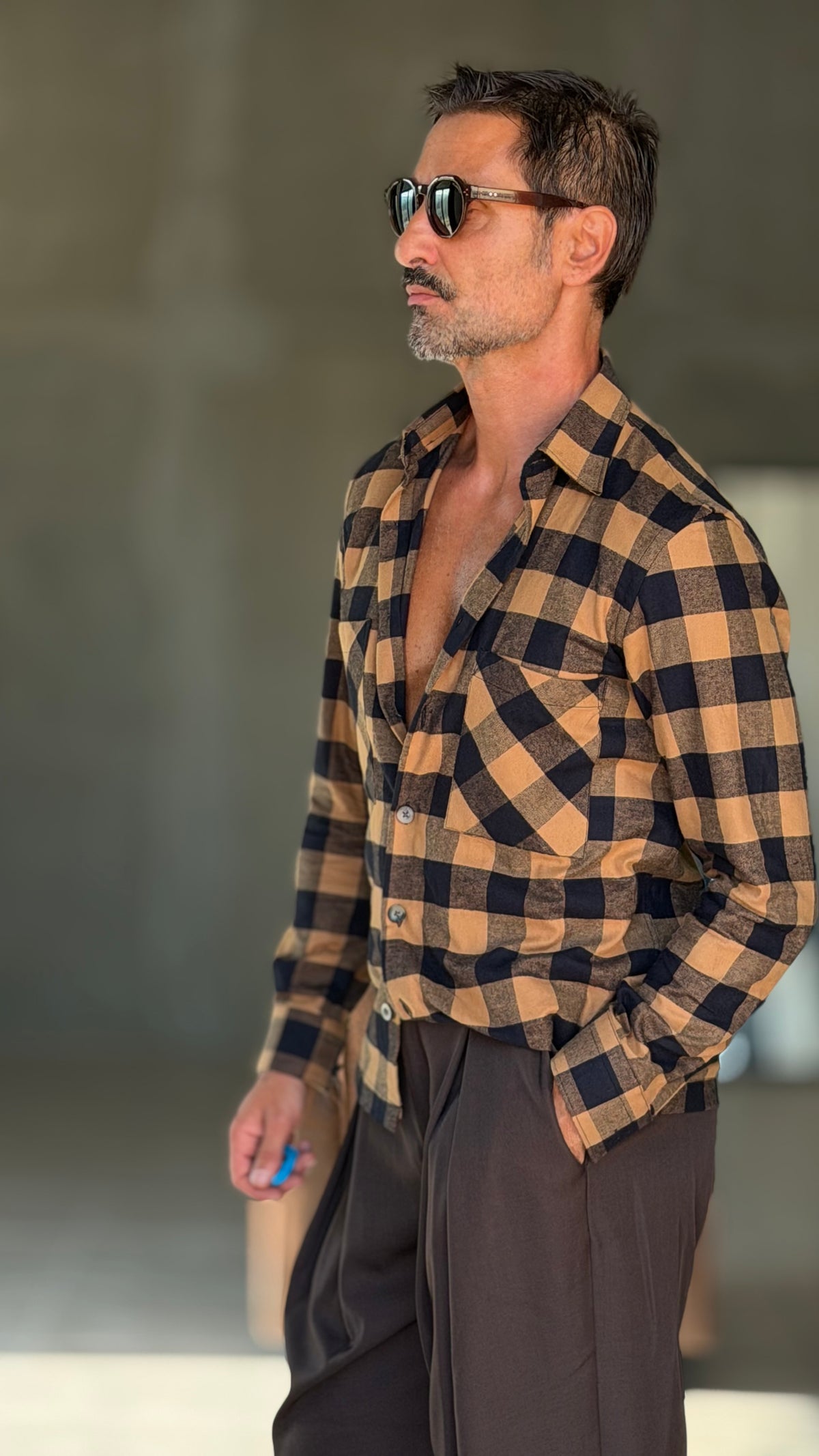 CAMICIA  FLANELLA QUADRO NERO E CARAMELLO 346