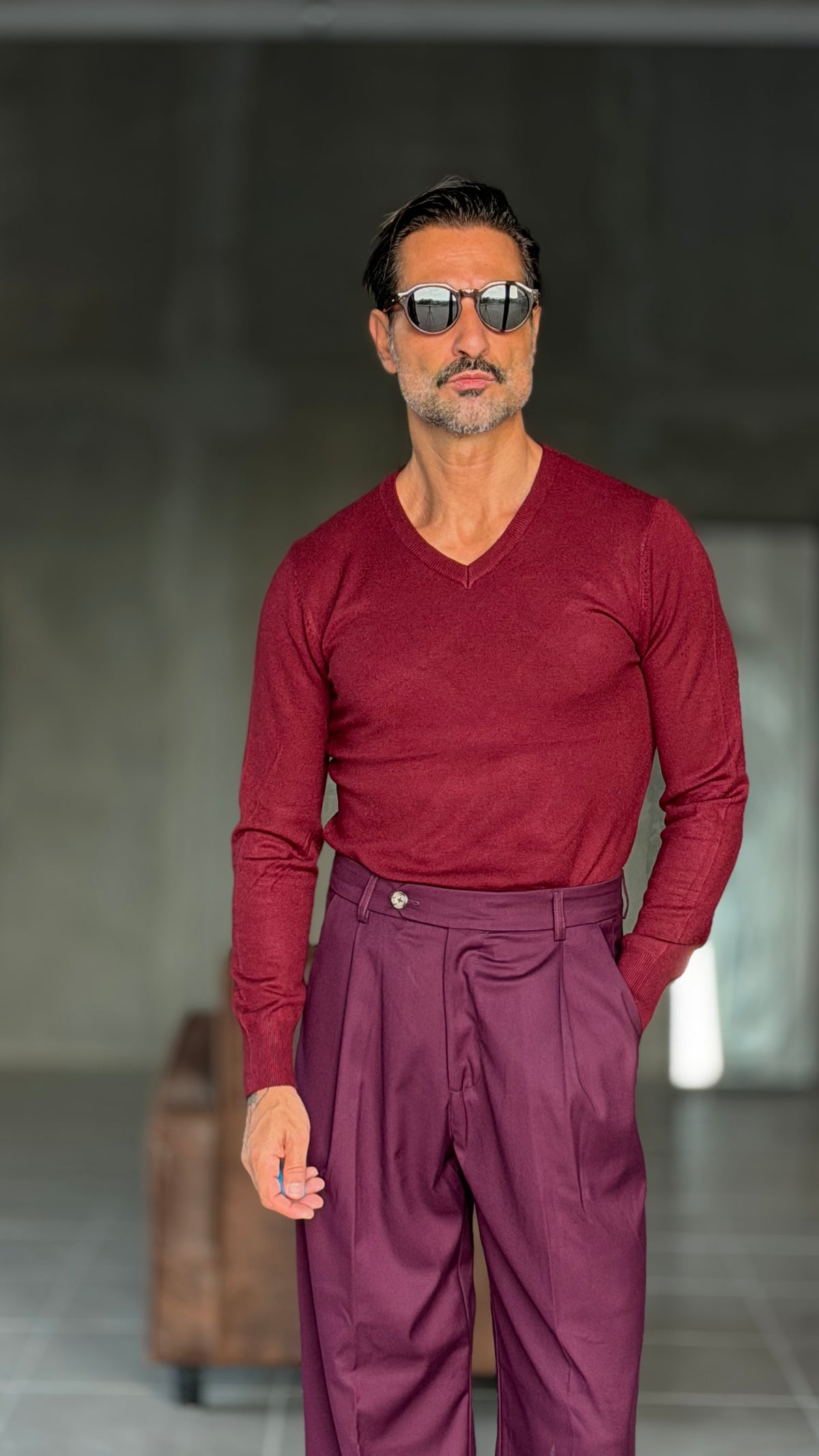 PANTALONE  PRUGNA PINCES VISCOSA  FONDO AMPIO  EFFETTO FLANELLA BATTUTA