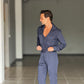 PANTALONE BLU GESSATO  VITA ALTA PINCES VISCOSA