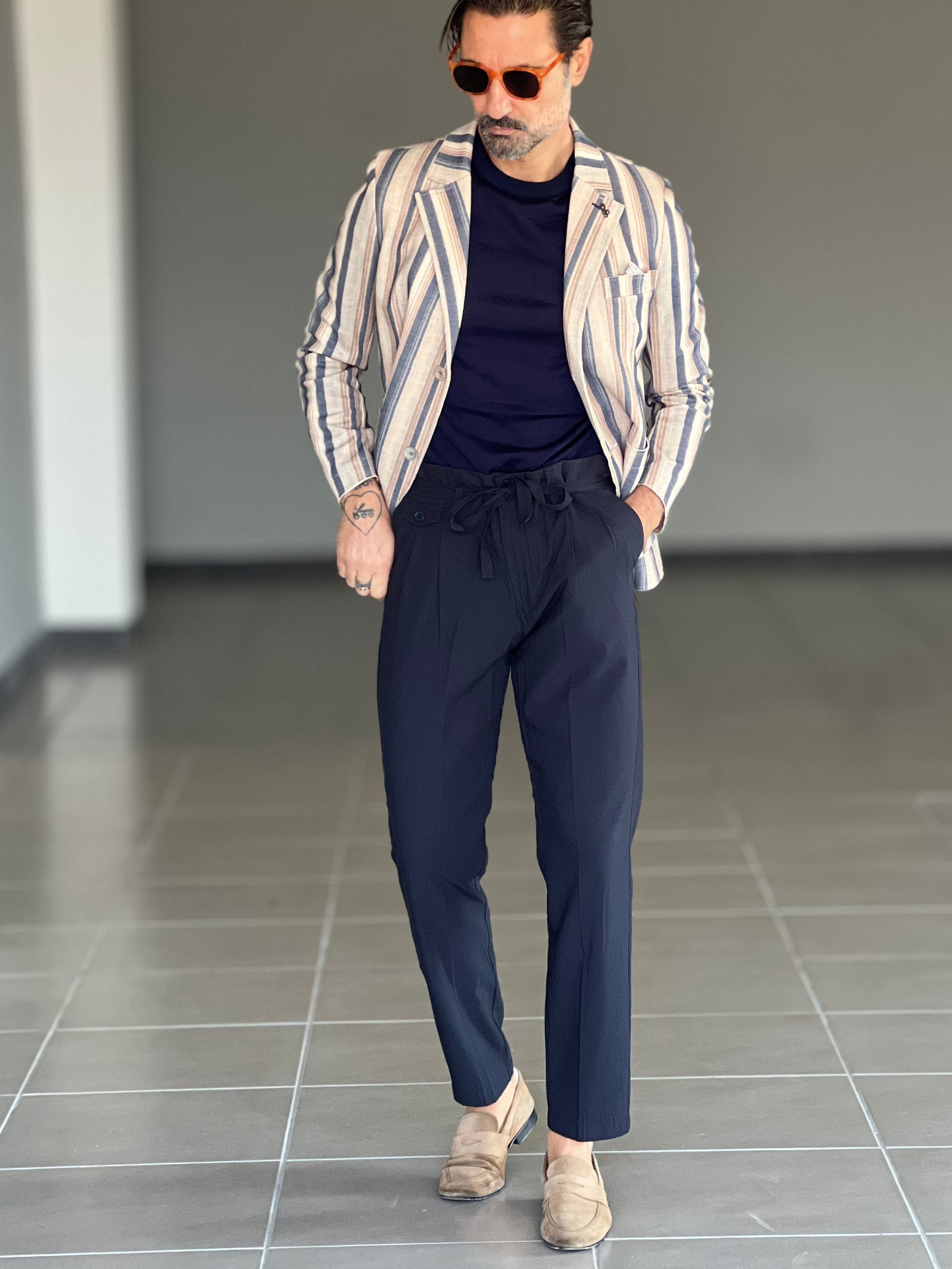 PANTALONE  PINCES BLU CREP DI  VISCOSA G PLAY INSERTO CINTURA 0025