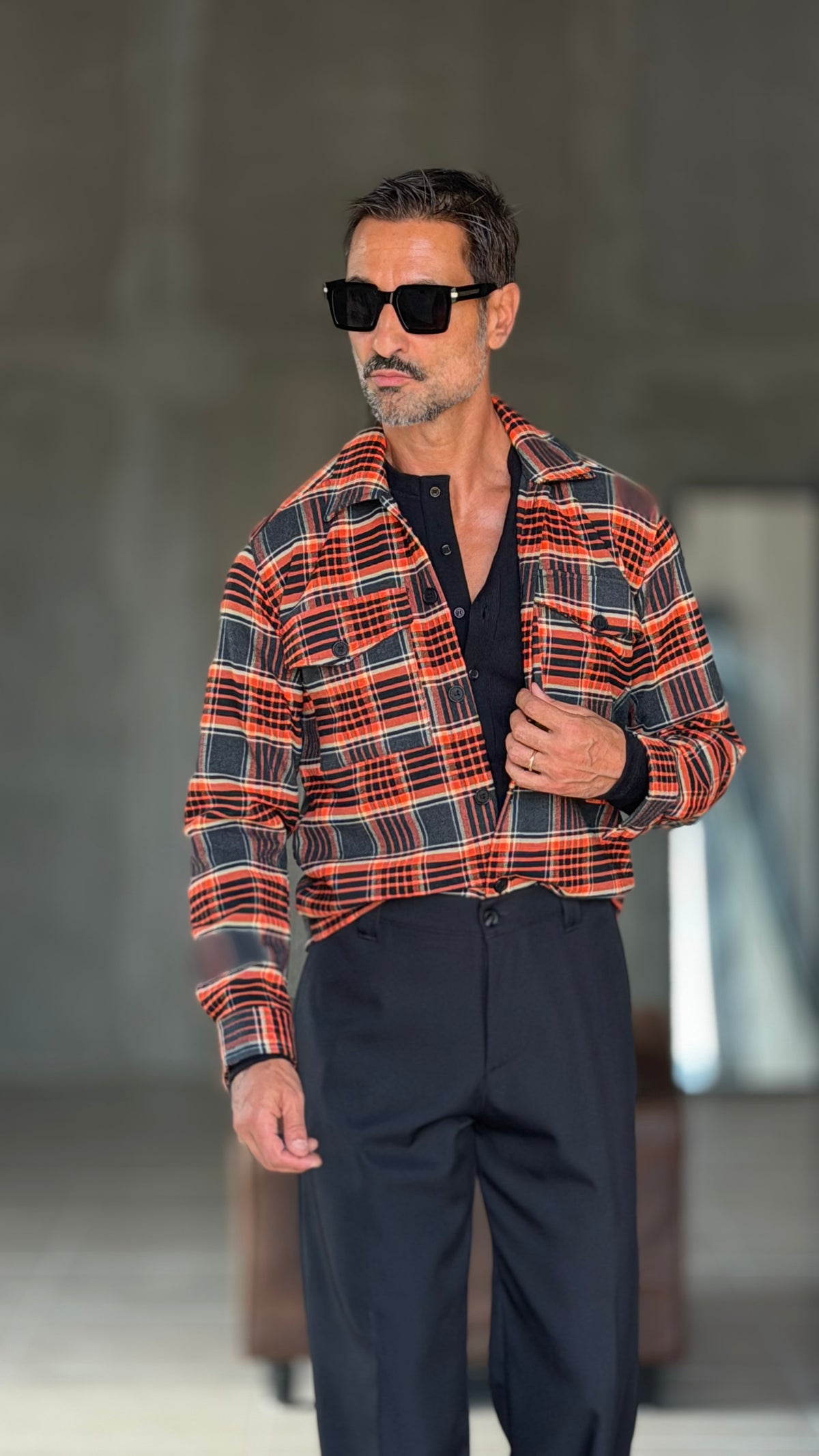 CAMICIA  FLANELLA QUADRO ARANCIO NERO STAMPA SPALLE 1003