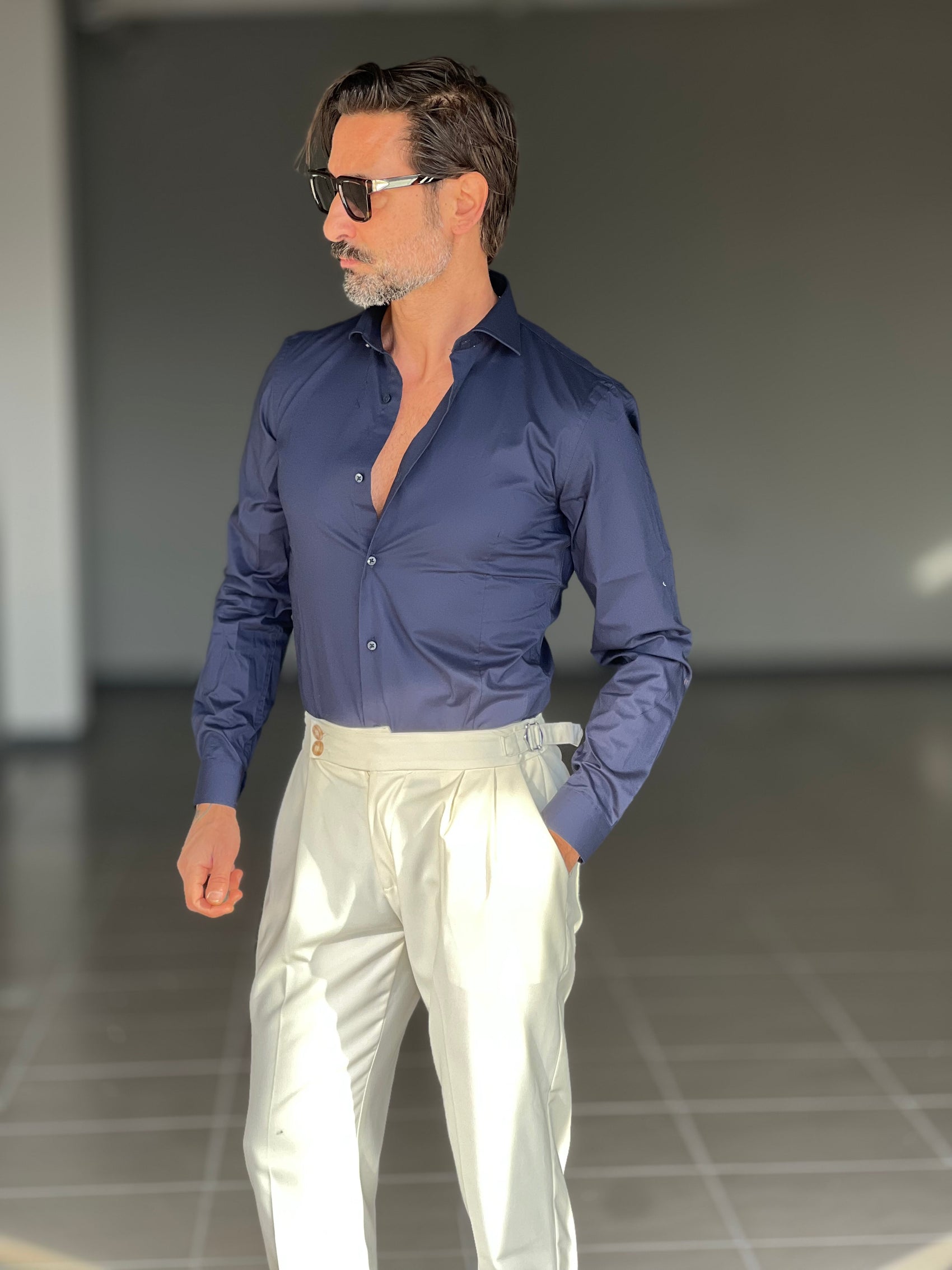 *CAMICIA BLU    POPELINE DI COTONE STRECH