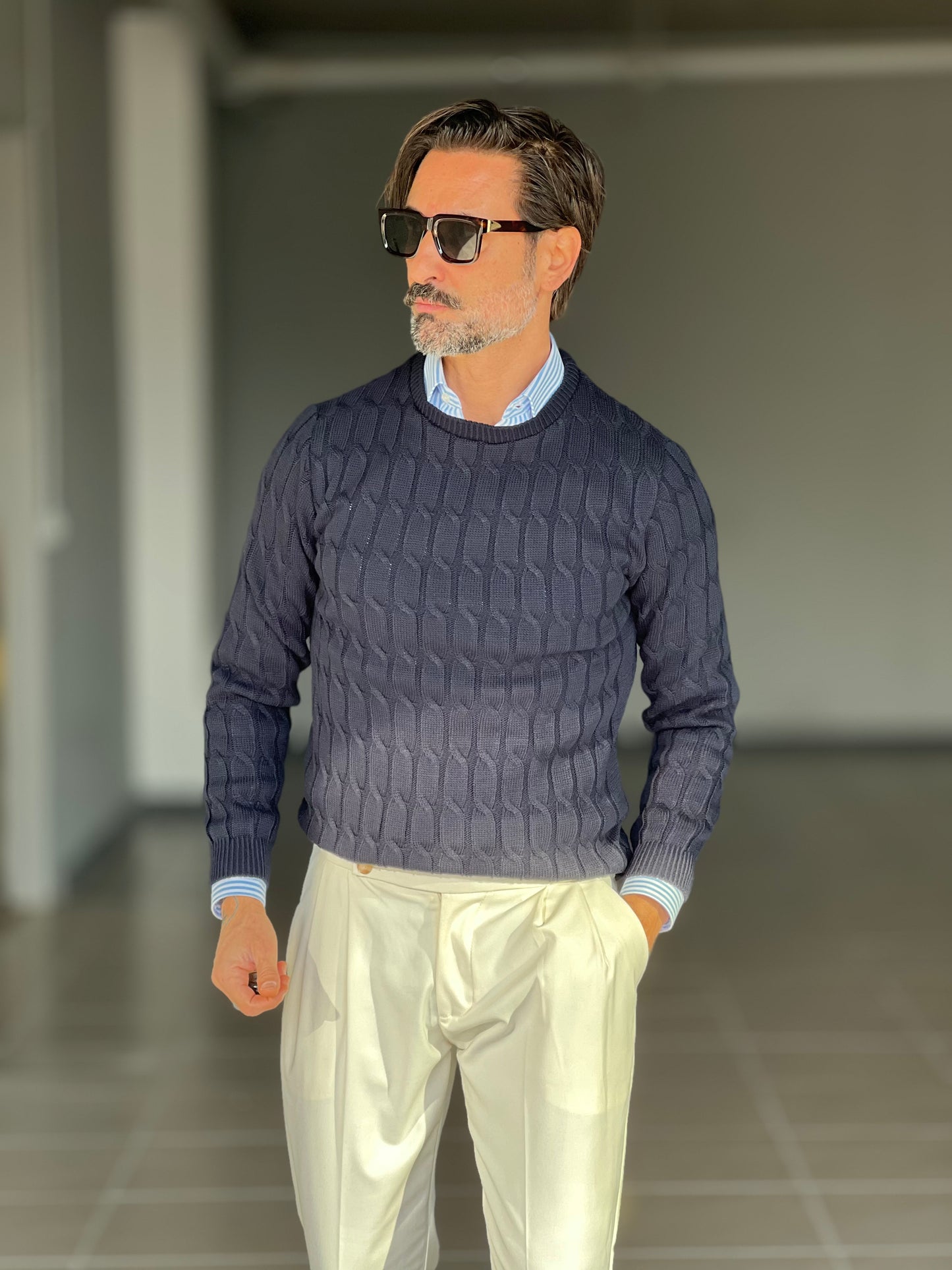 BLUE THREAD COTTON CREW NECK SWEATER