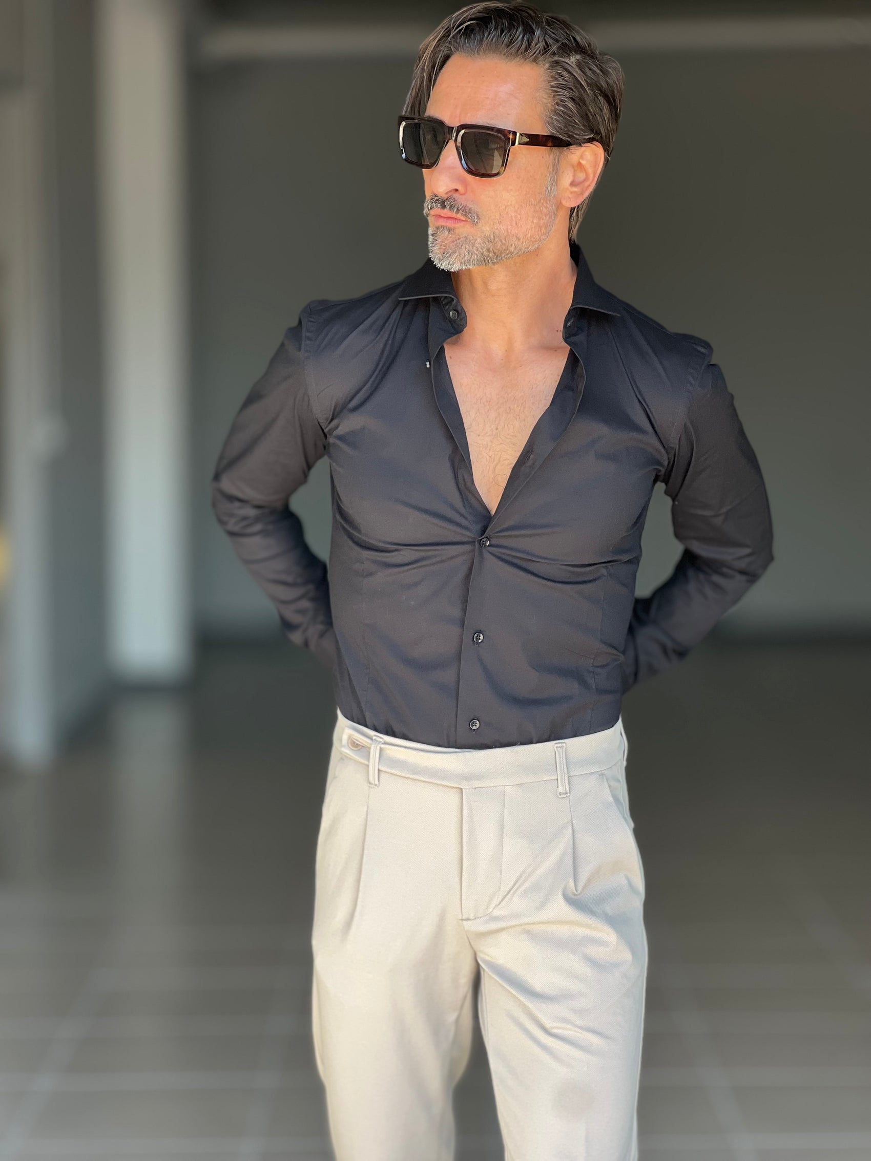 NEW CAMICIA NERA  POPELINE DI COTONE STRECH