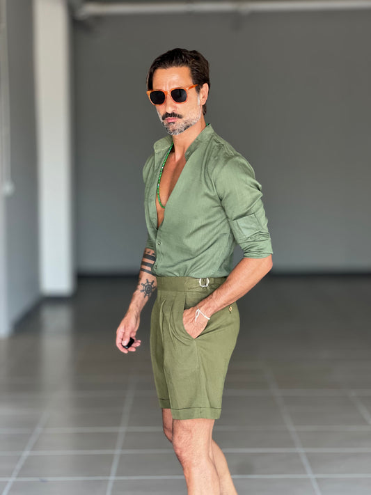 BERMUDA VERDE LINO E VISCOSA   VITA ALTA